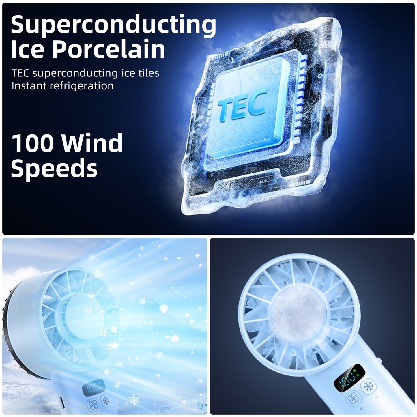 Portable Handheld Fan, 5200mAh 100 Speed Wind USB Rechargeable Refrigeration Mini Fan (Blue)