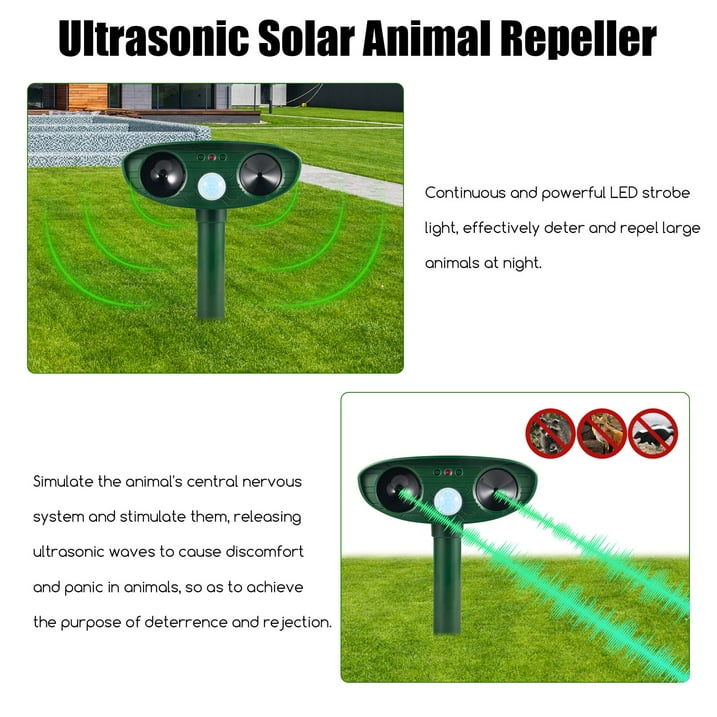 2 Pack Solar Animal Repeller Ultrasonic Animal Repellent Outdoor with Motion Sensor Flashing Light Waterproof Animal Deterrent for Dog Raccoon Cat Squirrel Skunk Rabbit Deer Fox and More
