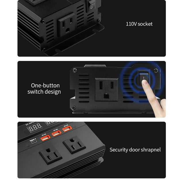 3000W Pure Sine Wave Power Inverter Universal DC 12V/24V to AC 110V 2-in-1 with LED Display 1Type-C 3 USB Ports