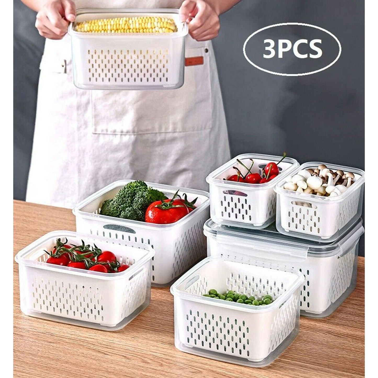 3 Pack Vegetable Fruit Storage Containers For Fridge With Lids Drain Colanders Refrigerator Organizations Storage For Spinach Strawberry Berry Salad Cheese Lettuce