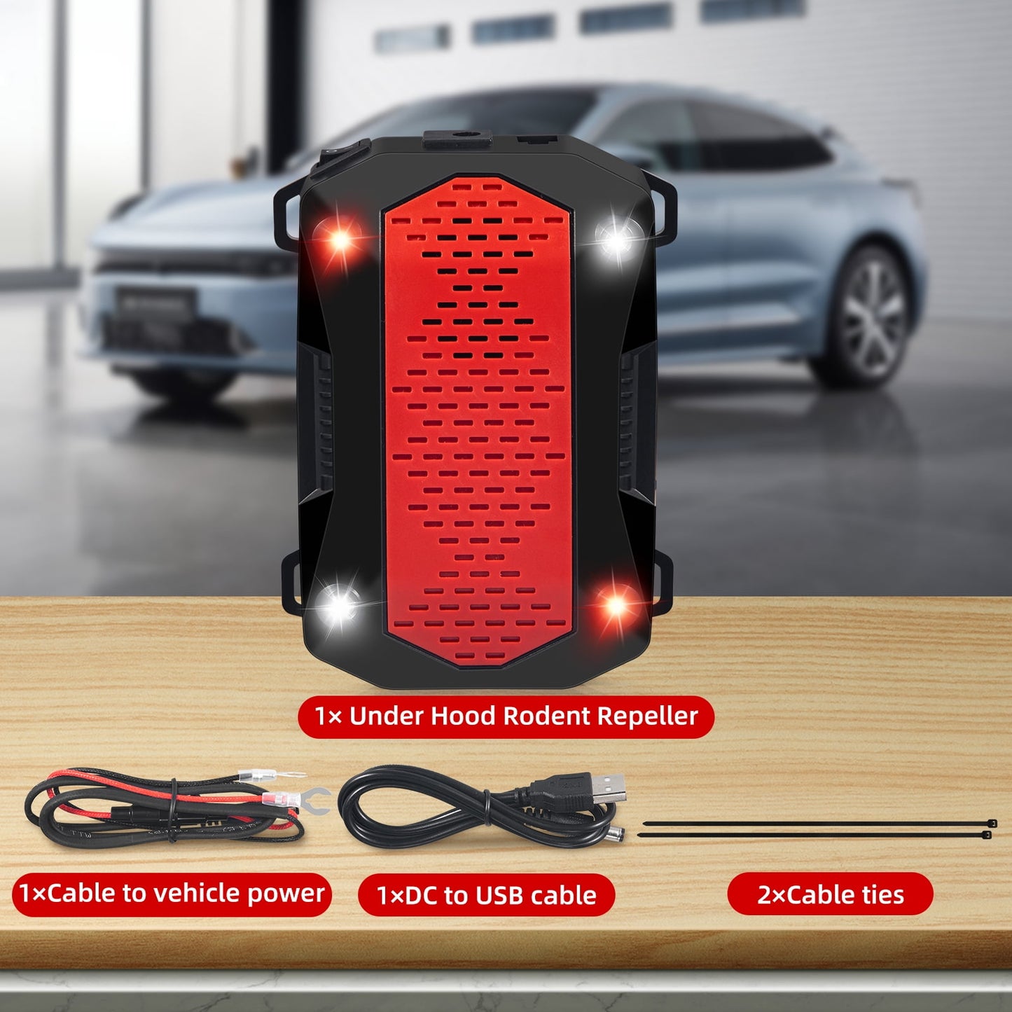 Under Hood Animal Repeller - Red/White Flash Light - 12V Engine Deterrent - Ultrasonic Rat & Squirrel Repellent