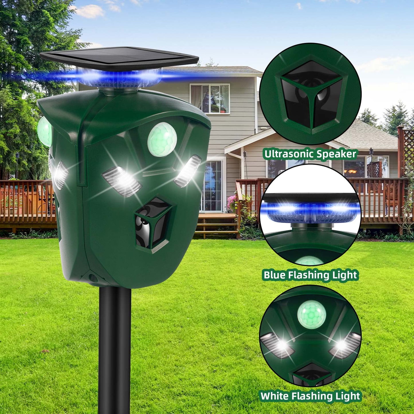 Ultrasonic Animal Repeller Solar Powered Cat Repellent Outdoor Waterproof with Motion Sensor LED Flashing Light 360° Deer Repellent for Cat, Squirrels, Skunk, Fox, Raccoon, Rabbit(2 Pack)