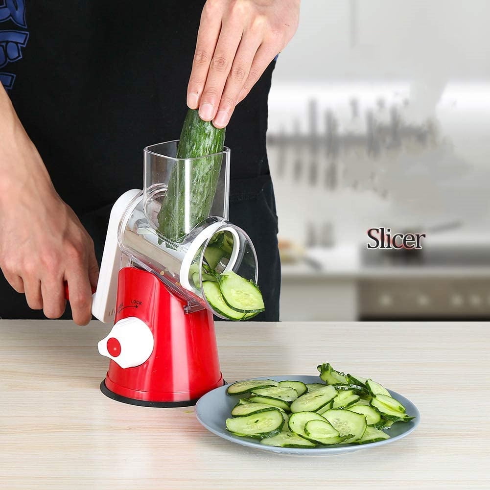 Rotary Cheese Grater Shredder Chopper Round Tumbling Box Mandoline Slicer Nut Grinder Vegetable Slicer, Hash Brown, Potato with Strong Suction Base