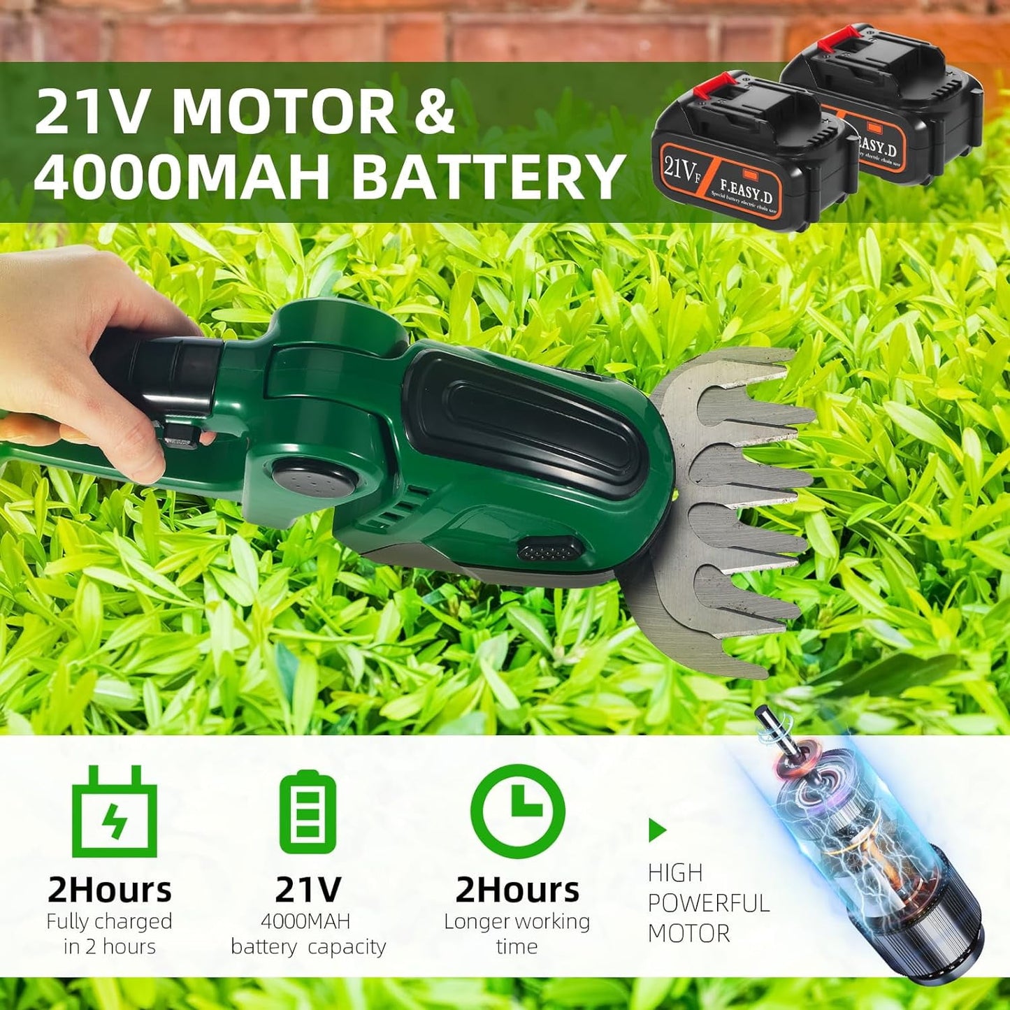 Cordless Grass Shears, 21V Hedge Trimmer Cordless Handheld Grass Trimmer with 2 Rechargeable Battery Grass Shears for Lawn