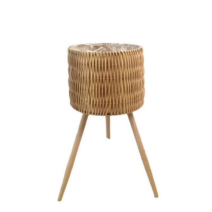 Plant Rack, Garden Planter Floor Standing Round Wooden Rattan Flower Basket Flower Rack Planter & Stand Set with Wood Legs