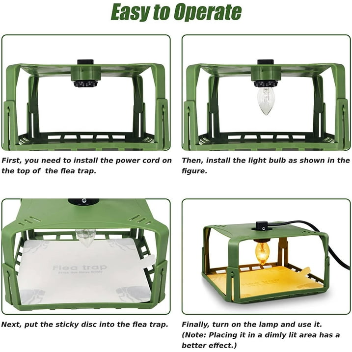 2 Pack Flea Traps for Inside Your Home with 4 Sticky Pads & 6 Bulbs & 2 Electric Wires Flea Killer Indoor Bed Bug Trap Pest Control, Safe & Harmless, Friendly to Pets & Kids-Adjustable Height, Green