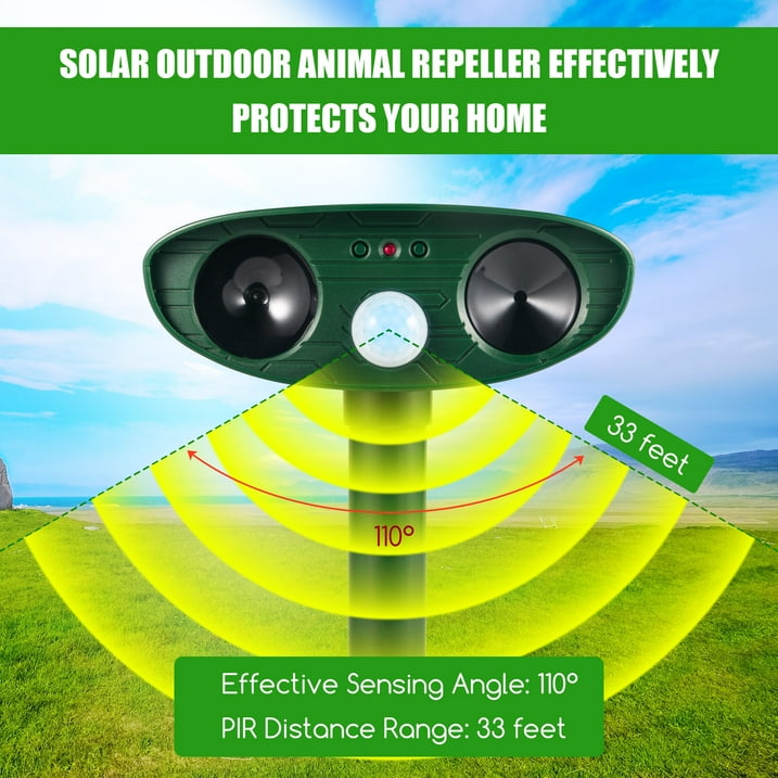 2 Pack Solar Animal Repeller Ultrasonic Animal Repellent Outdoor with Motion Sensor Flashing Light Waterproof Animal Deterrent for Dog Raccoon Cat Squirrel Skunk Rabbit Deer Fox and More