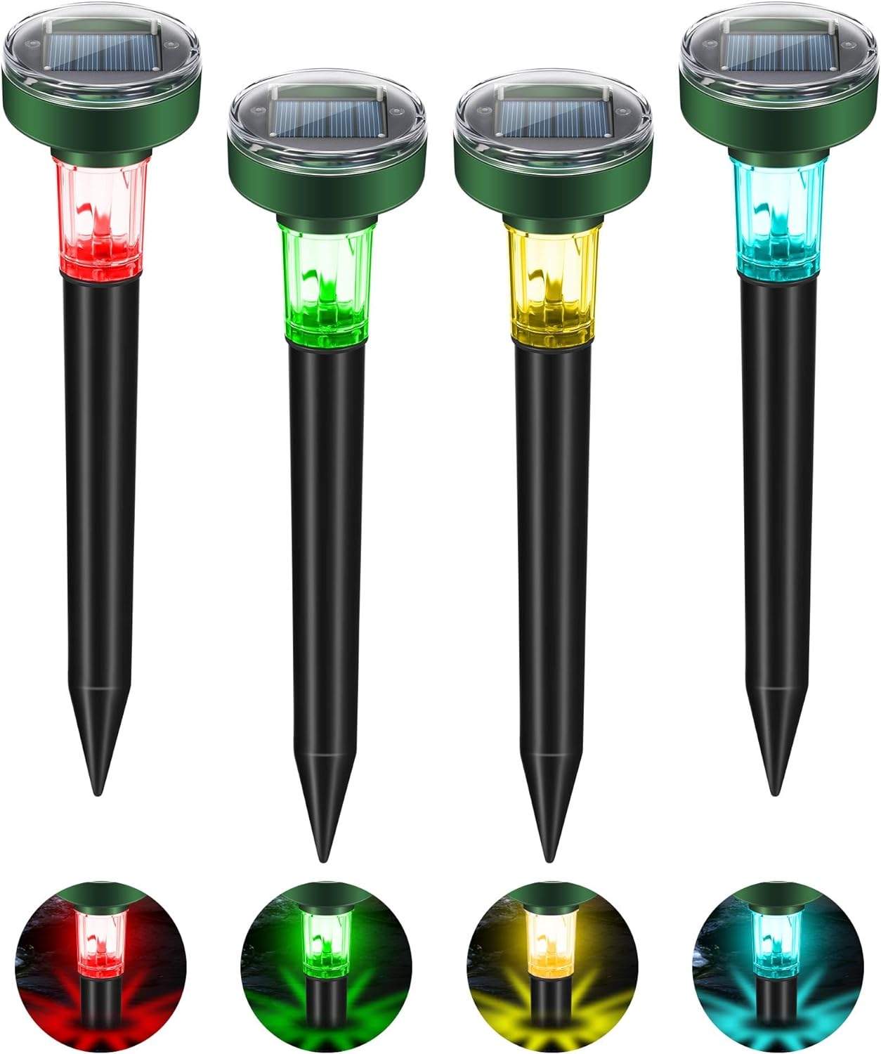 4Pack Solar Ultrasonic Mole Repeller Outdoor Waterproof Sonic Spike Animal Deterrent Stake with LED Light Circular
