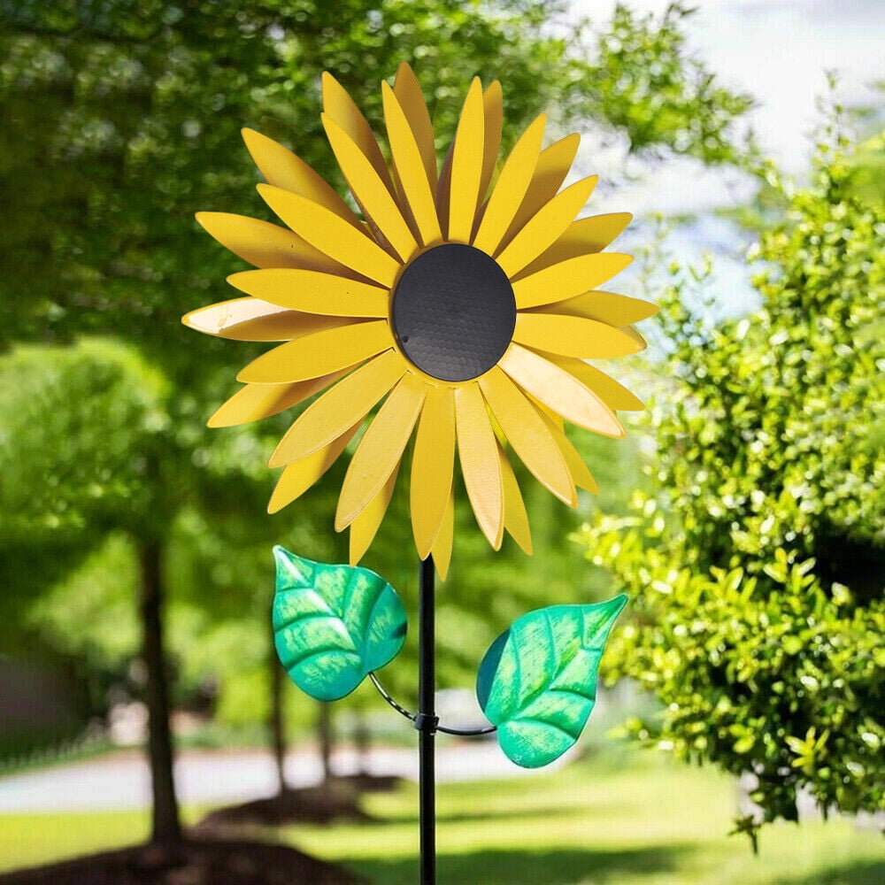 3D Metal Yellow Sunflower Wind Spinner Windmill Sculpture Outdoor Garden Decor