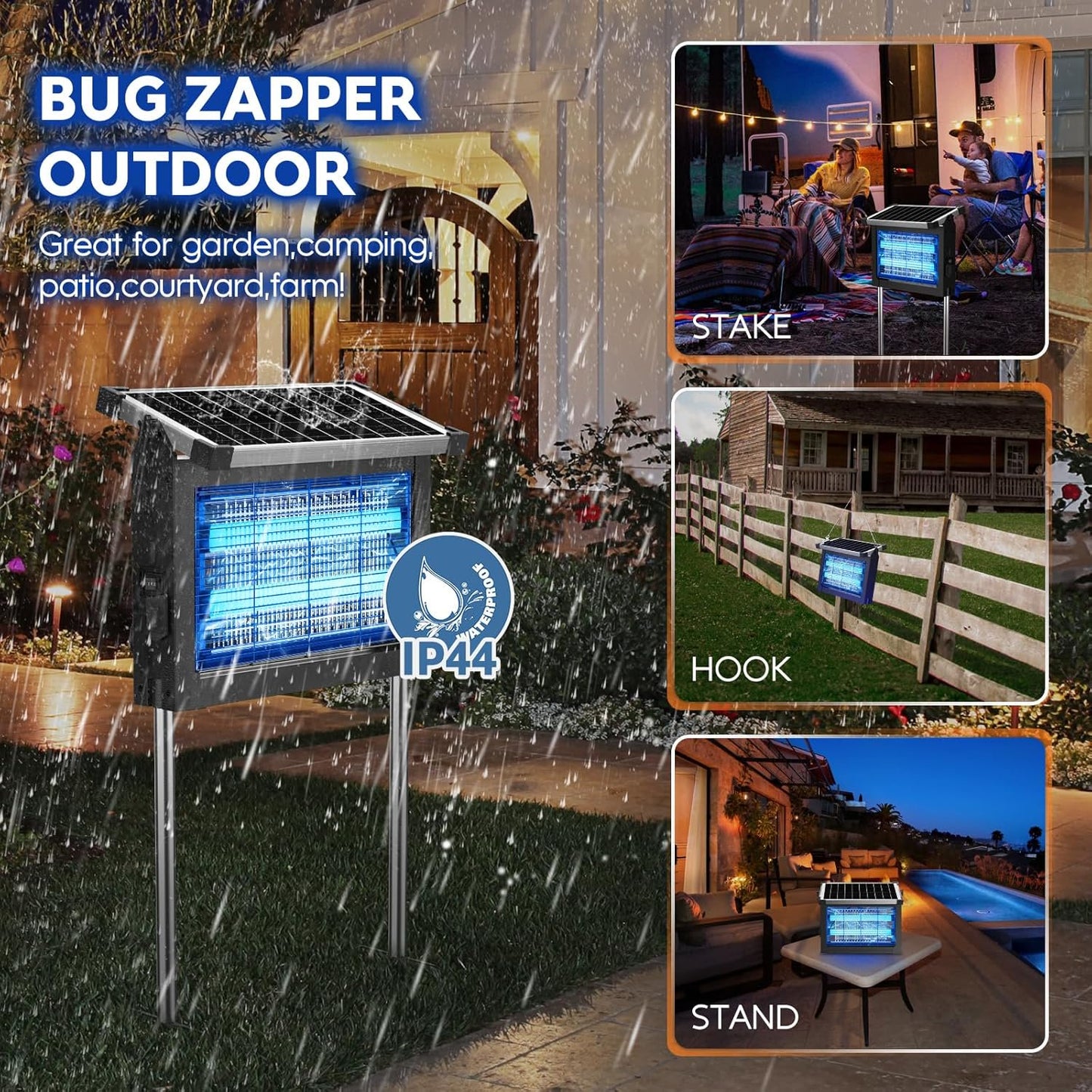 Mosquito Zapper, Solar Bug Zapper Outdoor, Rechargeable Electric Mosquito Killer with Grounding Bracket Fly Insect Mosquito Trap for Patio Garden