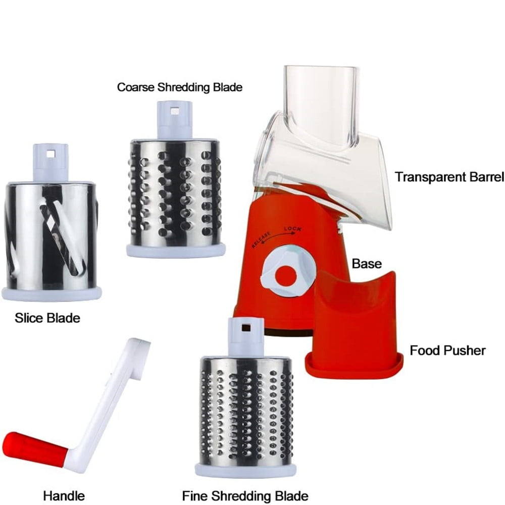 Rotary Cheese Grater Shredder Chopper Round Tumbling Box Mandoline Slicer Nut Grinder Vegetable Slicer, Hash Brown, Potato with Strong Suction Base