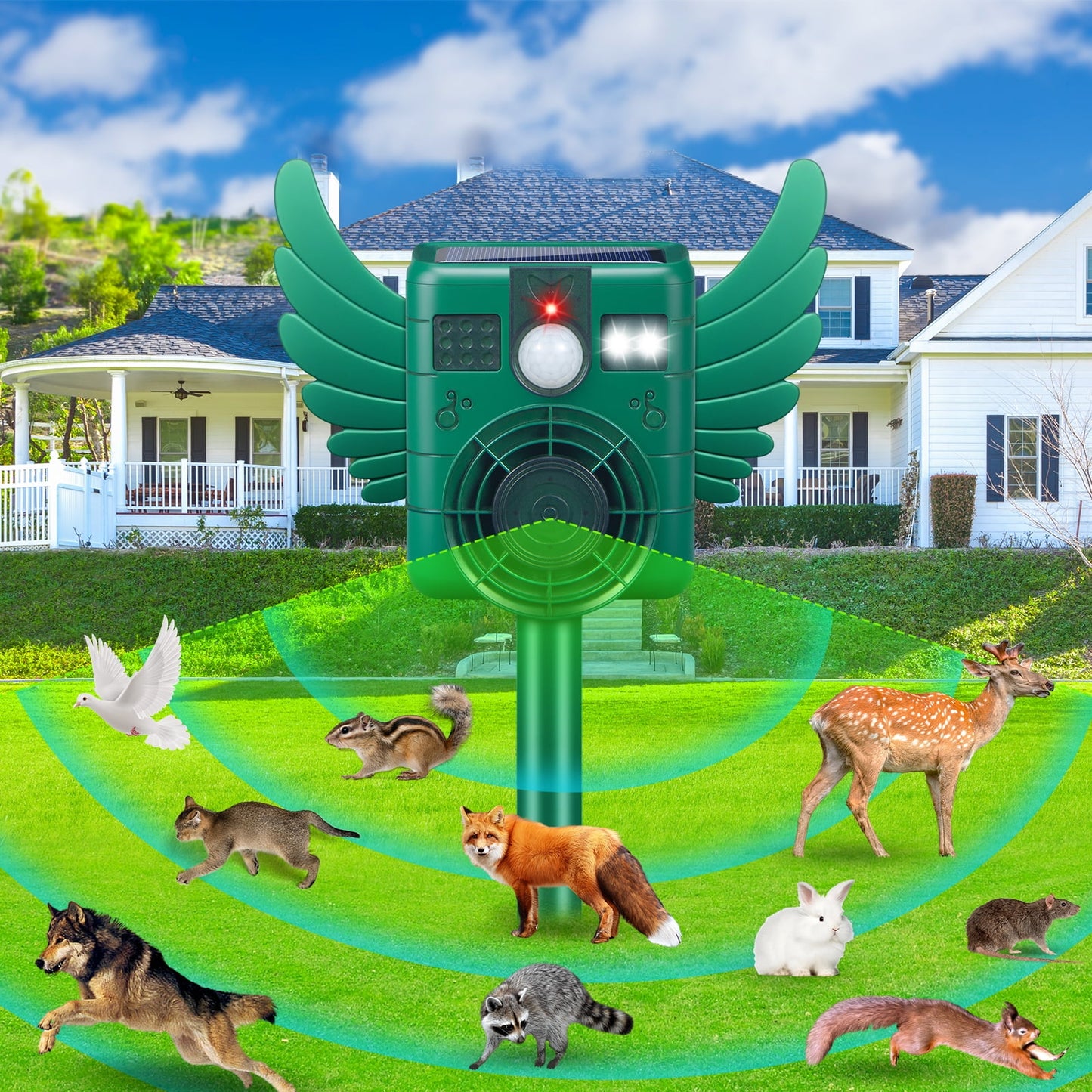 Ultrasonic Animal Repeller, with Motion Sensor and LED Flash Light Waterproof IP66 for Deer, Dogs, Rabbits, Raccoons and Coyotes