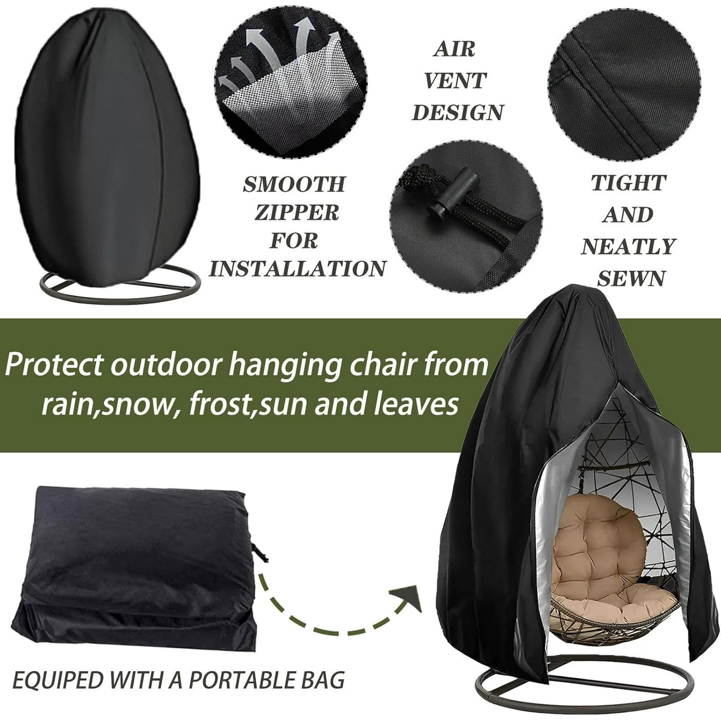 Egg chair cover with Zipper, Patio Hanging Swing Chair Cover, waterproof and dustproof,suitable for outdoor furniture,75x45 inches