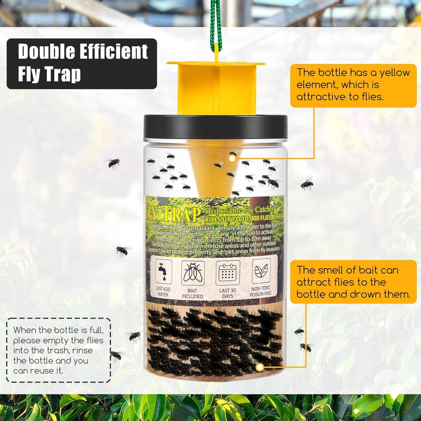 JahyElec Fly Traps Outdoor Hanging Fly Catchers with Bait Refill, Reusable Outdoor Fly Traps Safe Fly Repellent Outdoor Patio for Stables, Barns, Garbage Cans, Chicken Coops