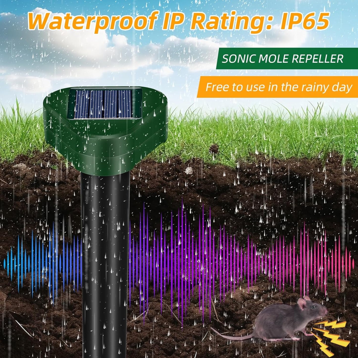 Mole Repellent Solar Powered Outdoor, Gopher Repellent Ultrasonic Mole Repellent Stakes Waterproof Sonic Mole Spikes