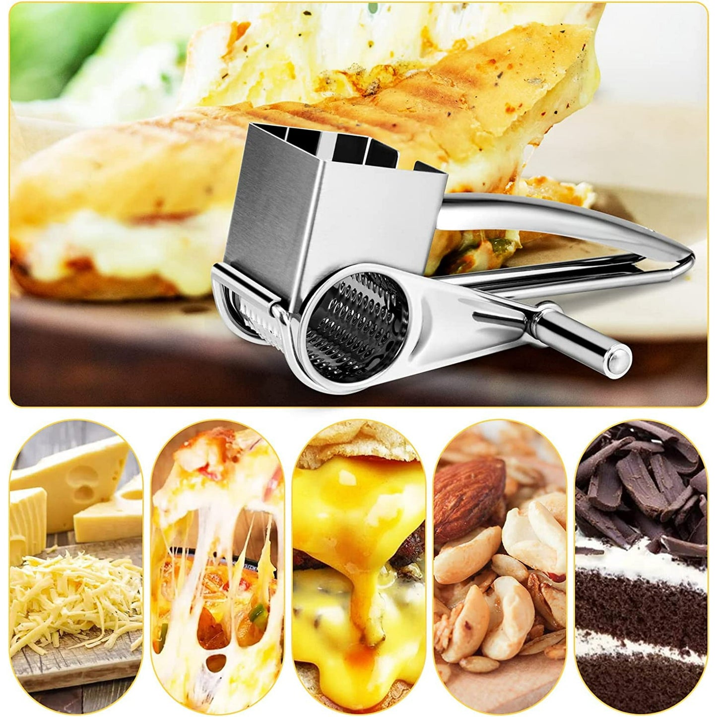 Cheese Grater, Rotary Cheese Grater Handheld with 3 Drum Blades,  Rotary Handheld Cheese Shredder Grater Stainless Steel