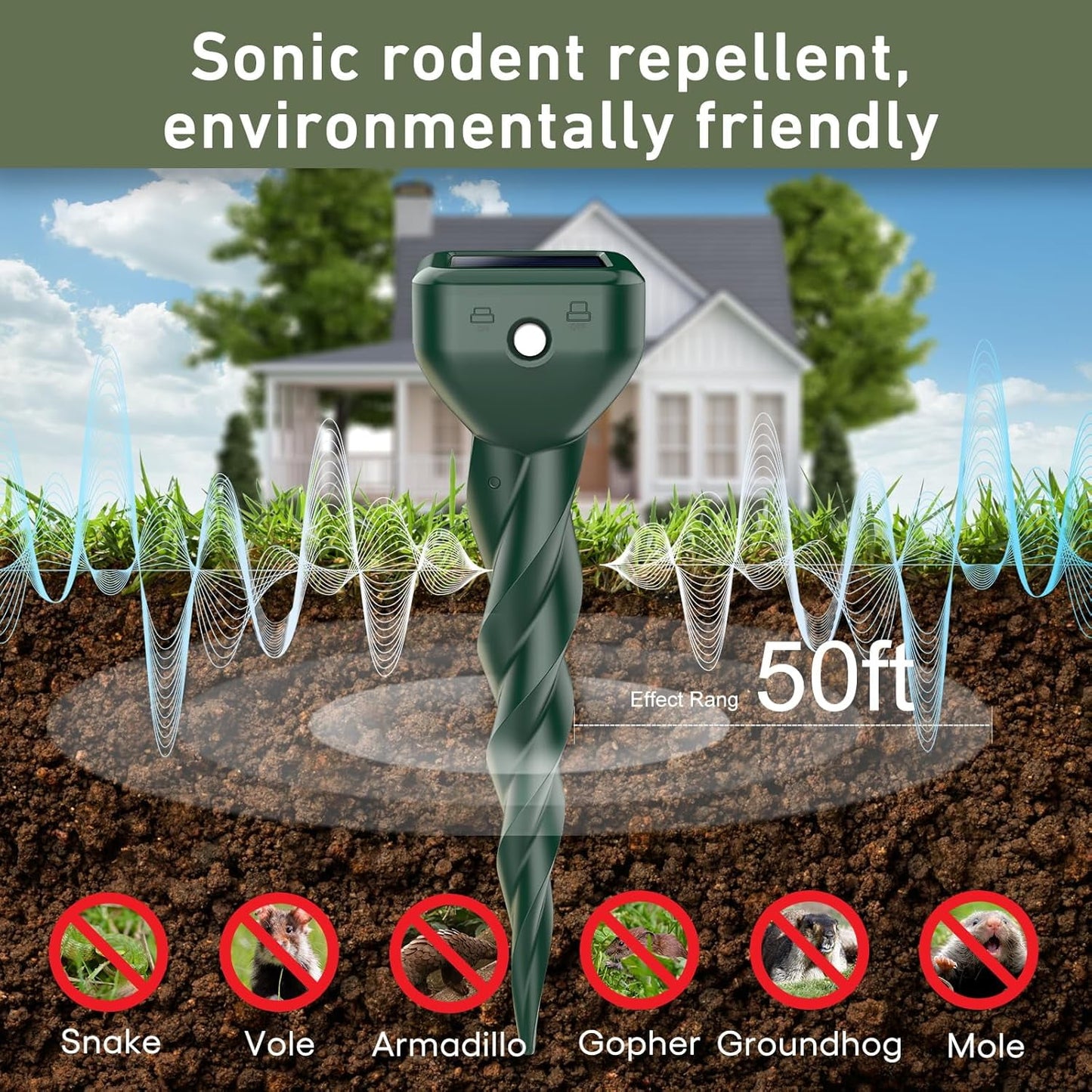 4 Pack Ultrasonic Mole Repellent Stake, Solar Powered Waterproof Spikes for Effective Yard & Garden Pest Control