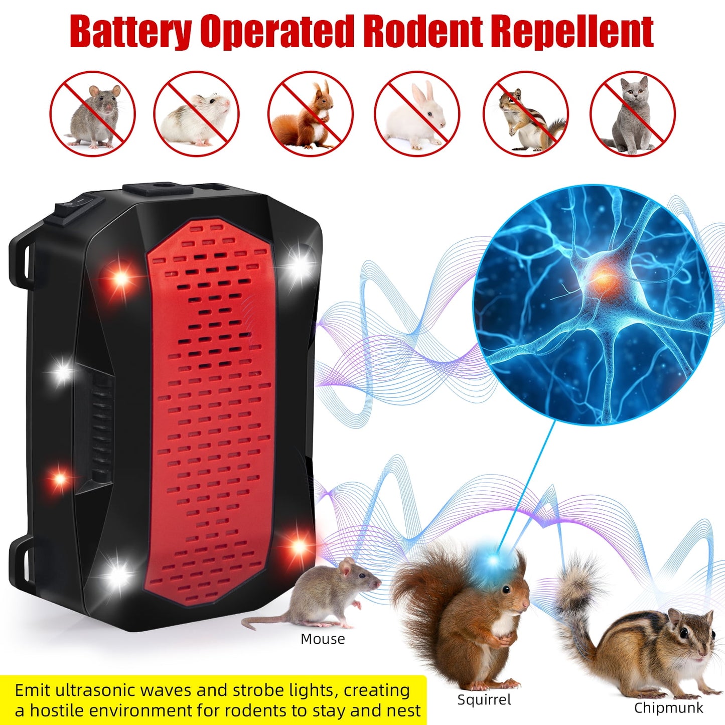 Under Hood Animal Repeller - Red/White Flash Light - 12V Engine Deterrent - Ultrasonic Rat & Squirrel Repellent