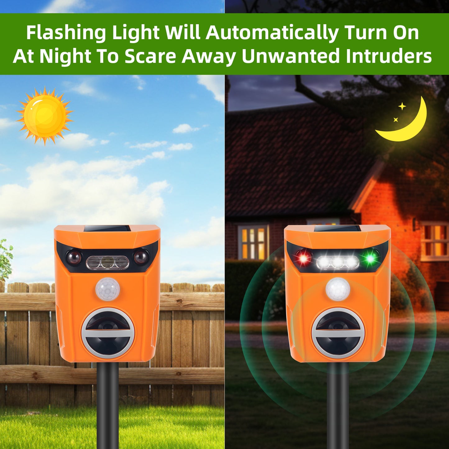 Solar Ultrasonic Animal Repeller in Orange - Eco-friendly Pest Deterrent for Outdoor Spaces