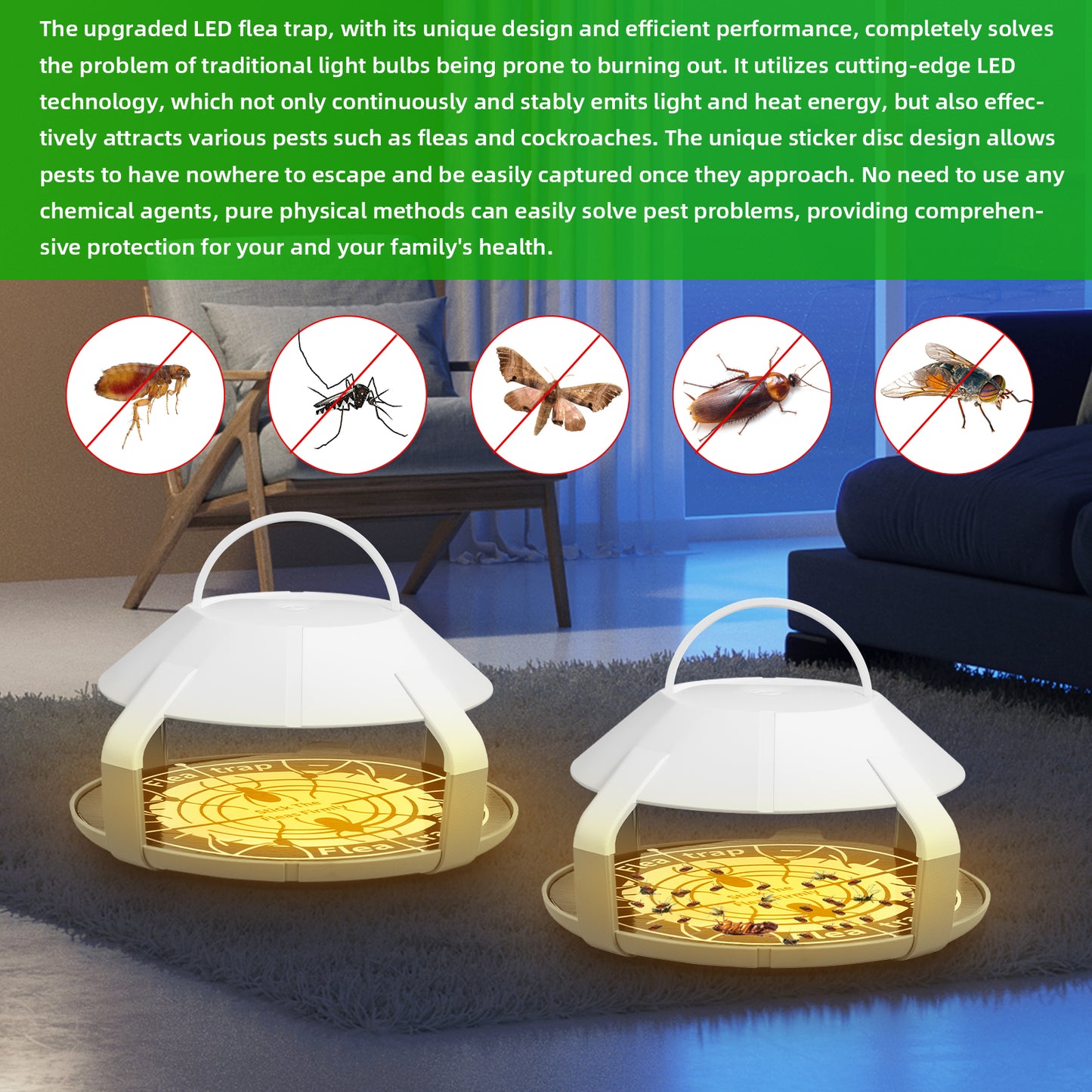 Indoor Flea Trap 2 Packs with 4 Sticky Refill Discs, Upgrade Electric Flea Traps for Inside Your Home
