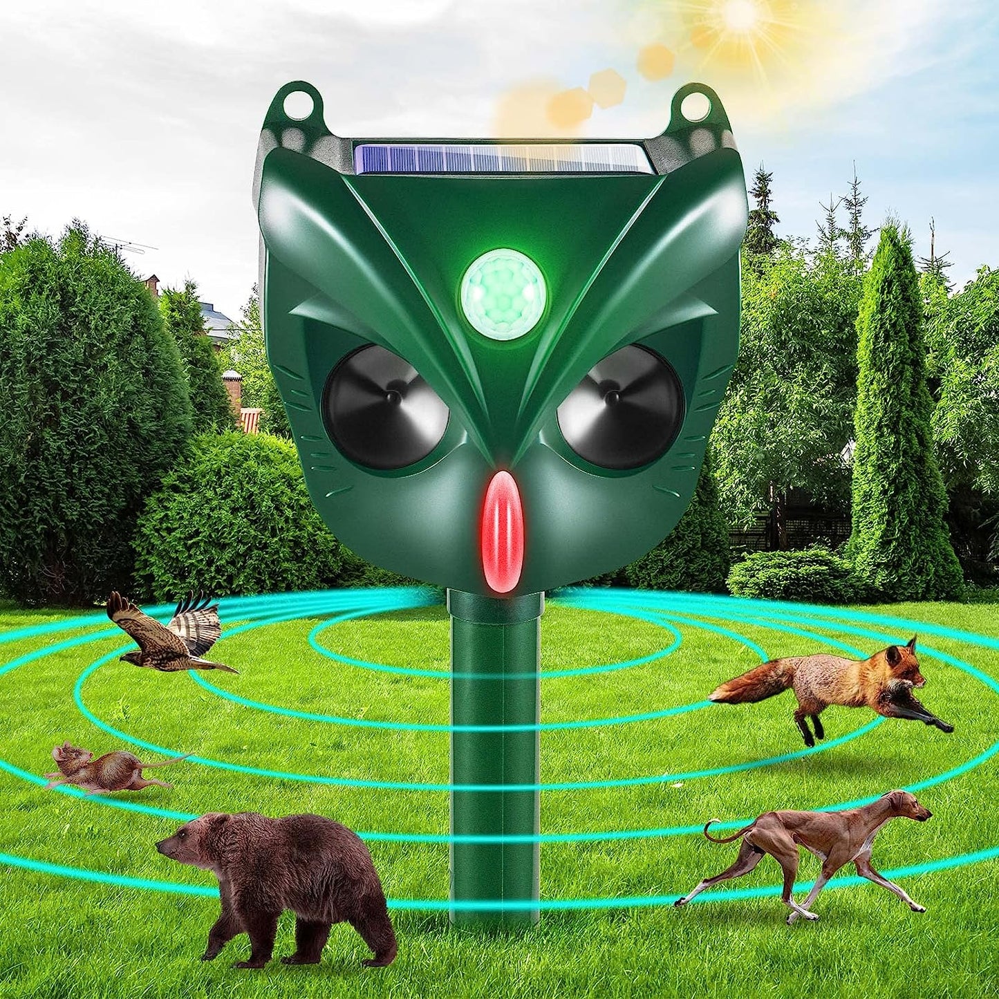 1 Pack Solar Ultrasonic Animal Repeller Outdoor Solar Animal Repellent with Motion Detector&Flashing Lights Waterproof for Rat, Squirrel, Deer, Raccoon, Skunk, Rabbit, Mole, Dog, Cat(Green)