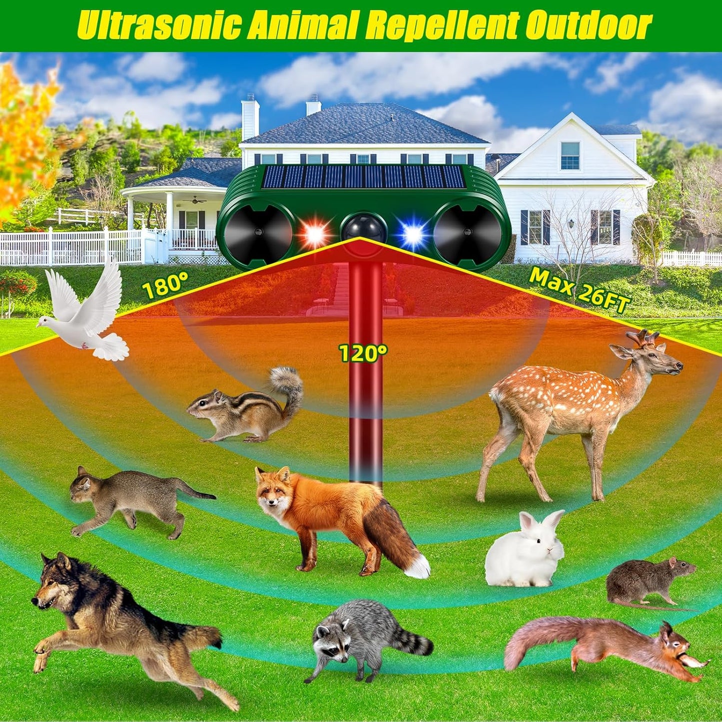 Solar Animal Repeller with PIR Sensor - Deer Cat Dog Squirrel Raccoon & Rabbit Deterrent - Ultrasonic Outdoor Device