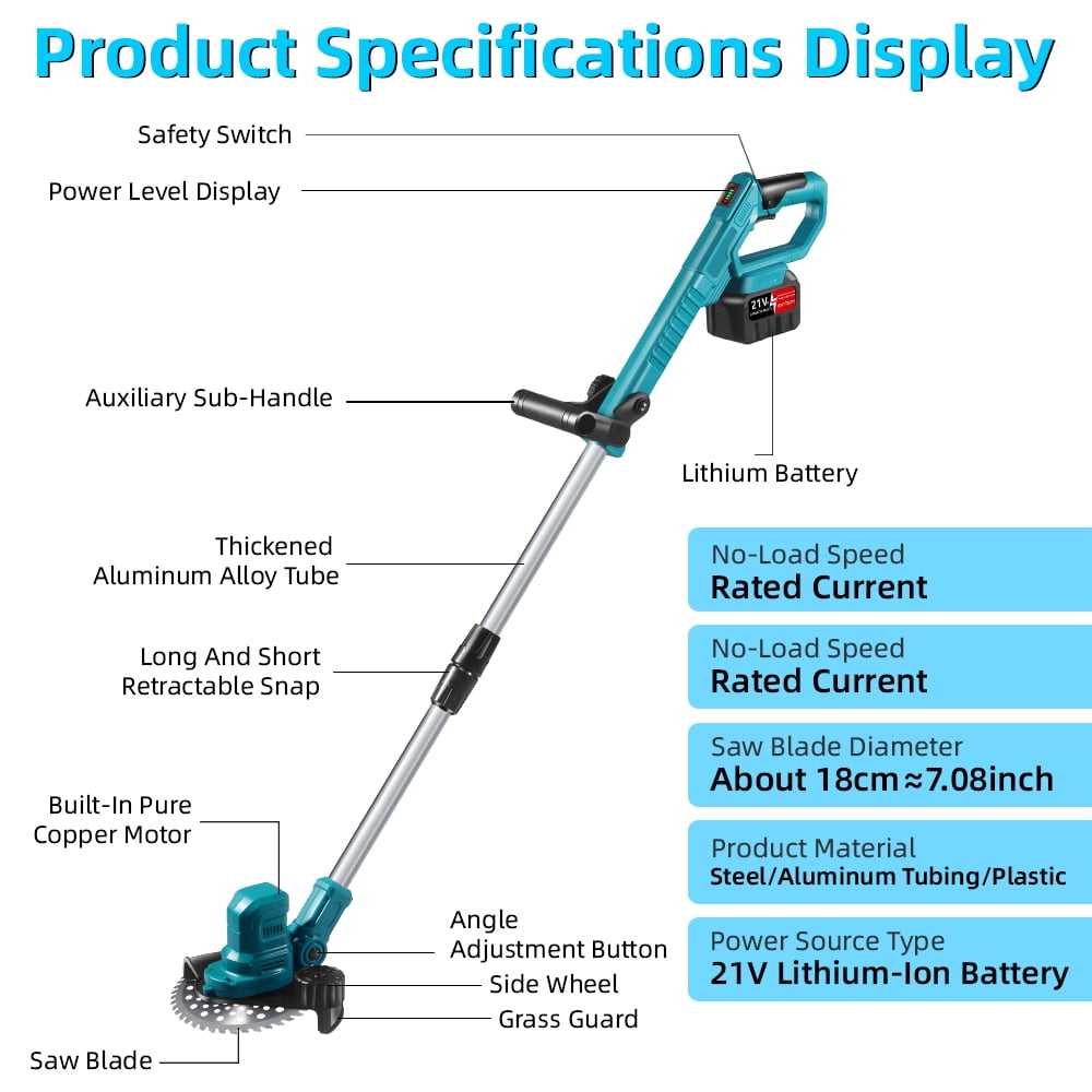 Electric Weed Wacker Cordless Powerful Battery Weed Eater 21V/3.4A Batteries and Charger Brush Cutter No String with Metal Blades