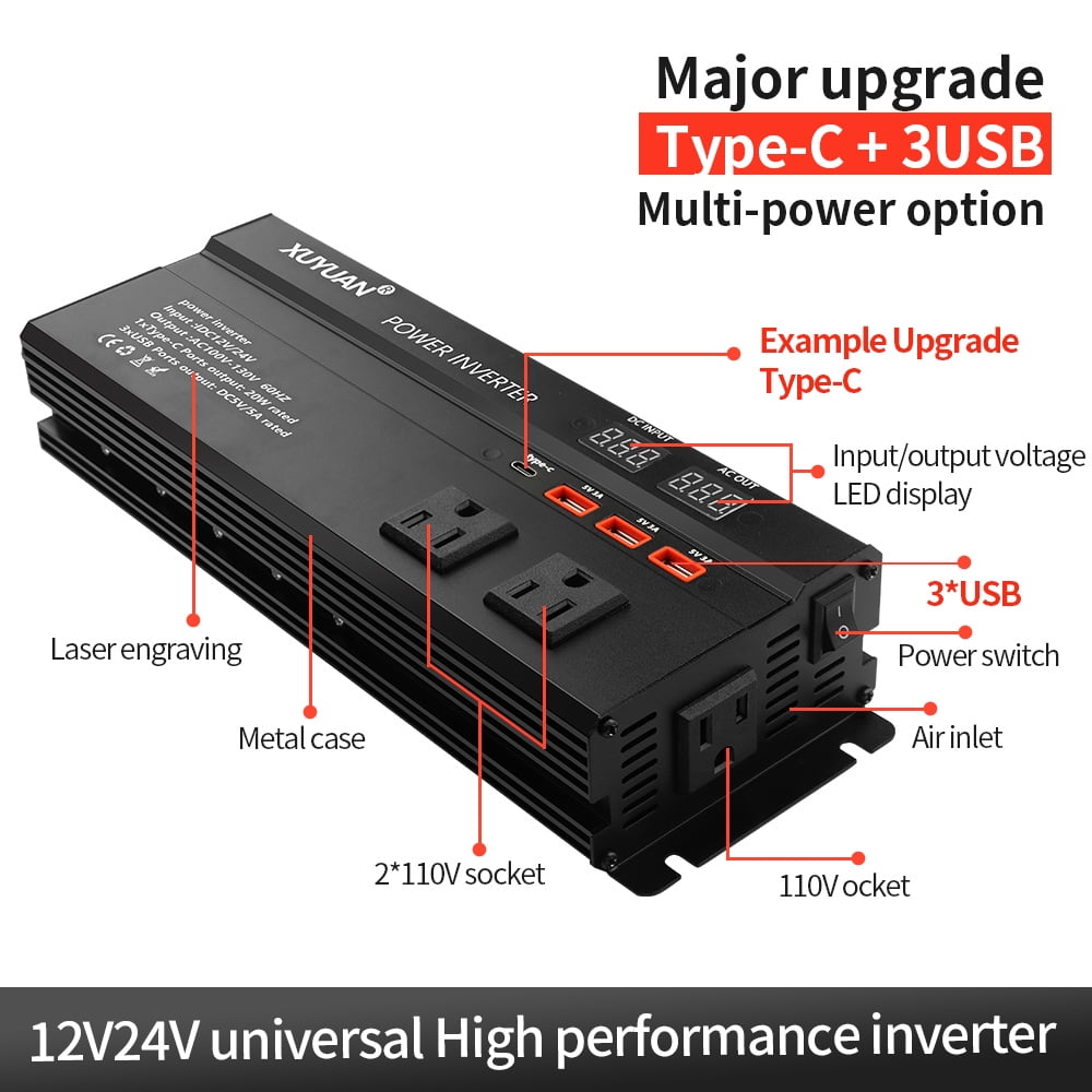 3000W Pure Sine Wave Power Inverter Universal DC 12V/24V to AC 110V 2-in-1 with LED Display 1Type-C 3 USB Ports