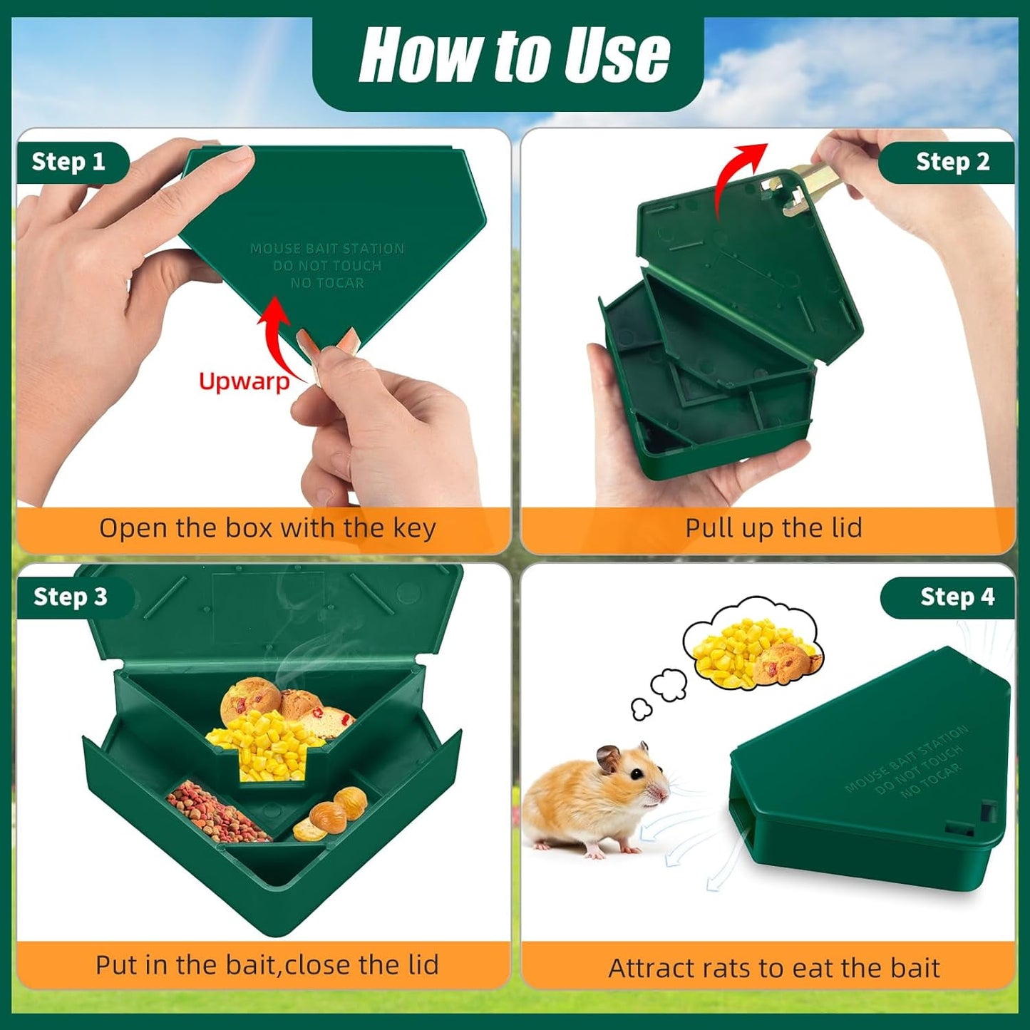 Jinyi Secure Mouse Bait Station Multiple Keys & Reusable Design Triangle Construction Pet Safe For Indoor and Outdoor Rodent Control Green