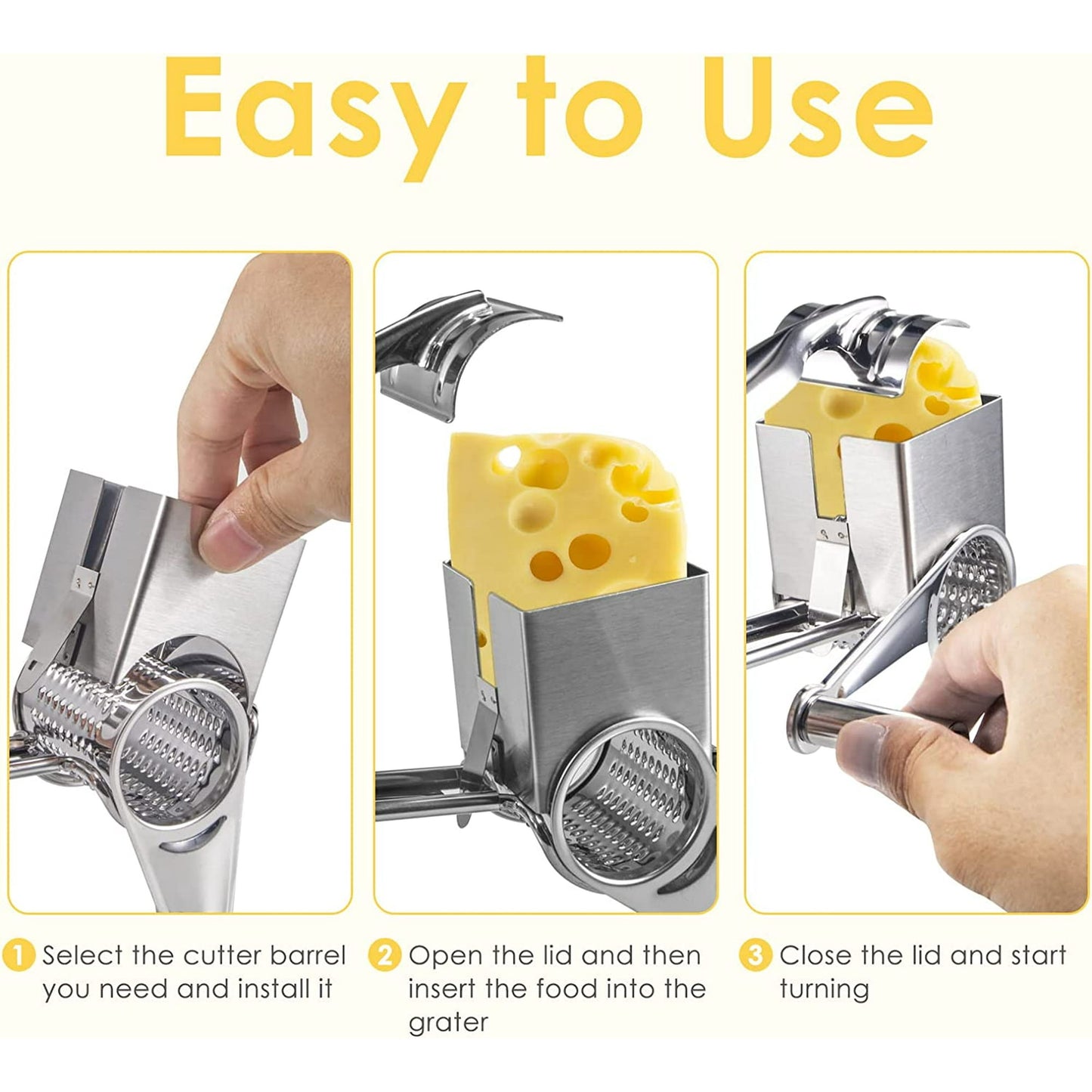 Cheese Grater, Rotary Cheese Grater Handheld with 3 Drum Blades,  Rotary Handheld Cheese Shredder Grater Stainless Steel