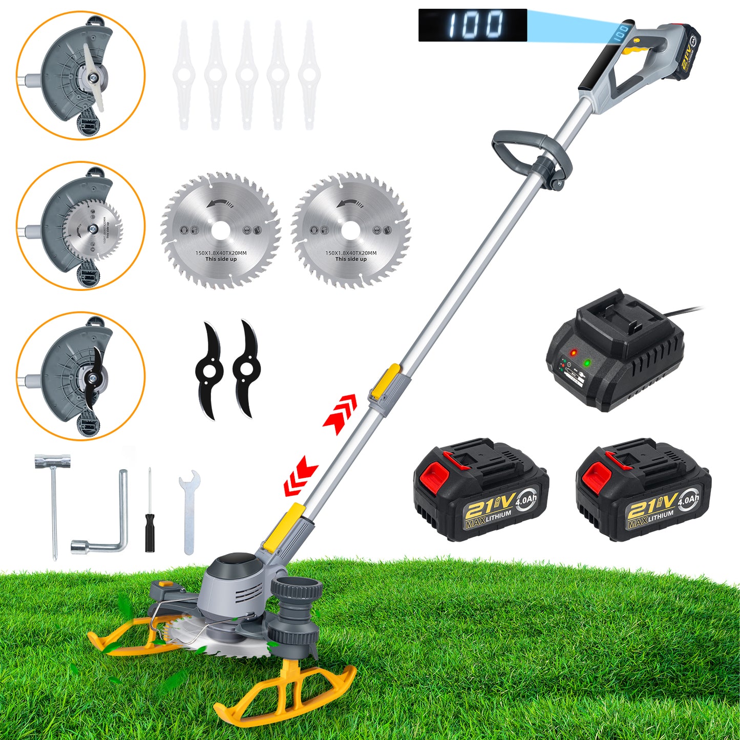 4-in-1 Wheel Edger Mini-Mower, Electric Weed Wacker 2x4.0A Battery Powered