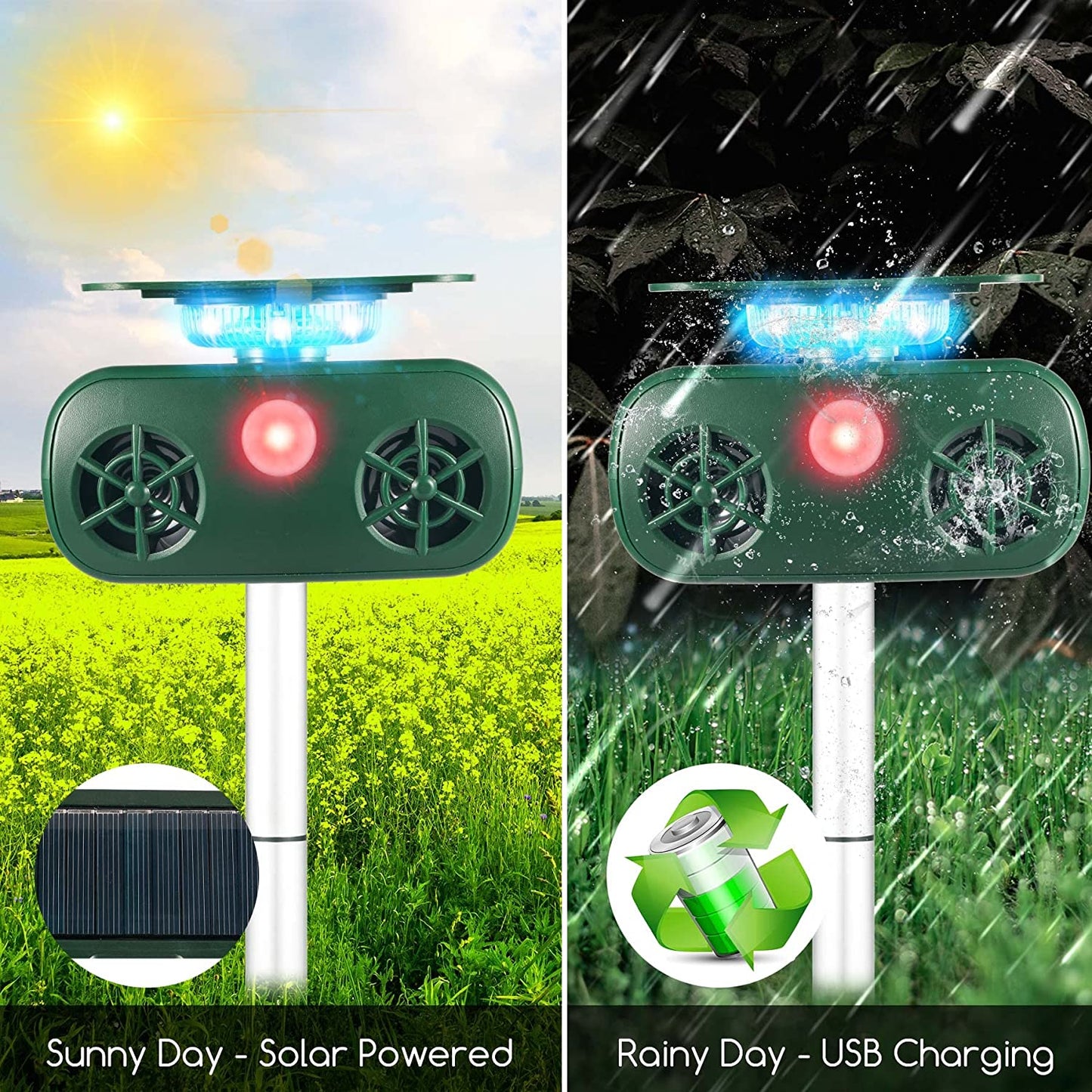 Ultrasonic Animal Deterrent Outdoor Solar Animal Repeller with Motion Sensor Flashing Light Waterproof Animal Repellent for Squirrel Deer Raccoon Rabbit Dog Skunk Fox Protect Farm Yard Garden