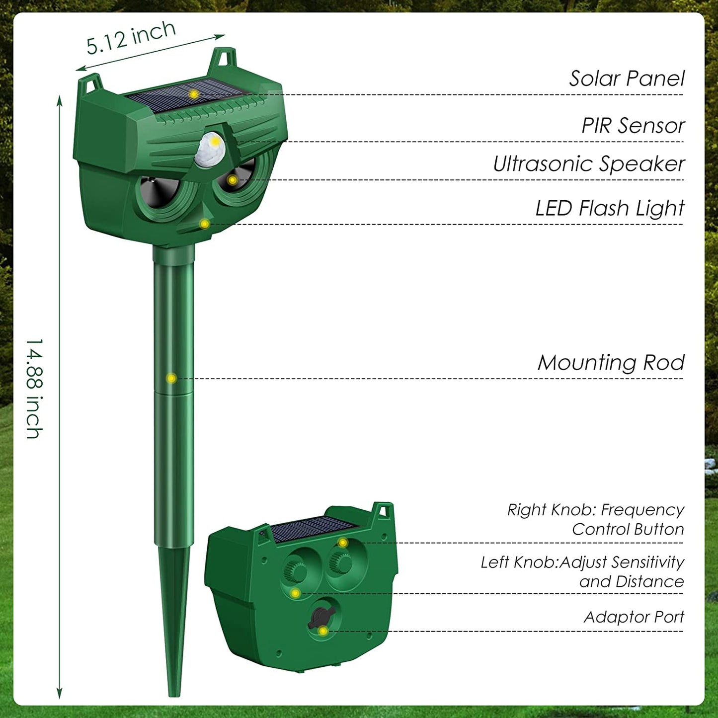 Solar Animal Repellent Outdoor Ultrasonic Animal Repeller Waterproof Repeller Device for Patio Garden Farm Yard Dog Raccoon Fox Deer