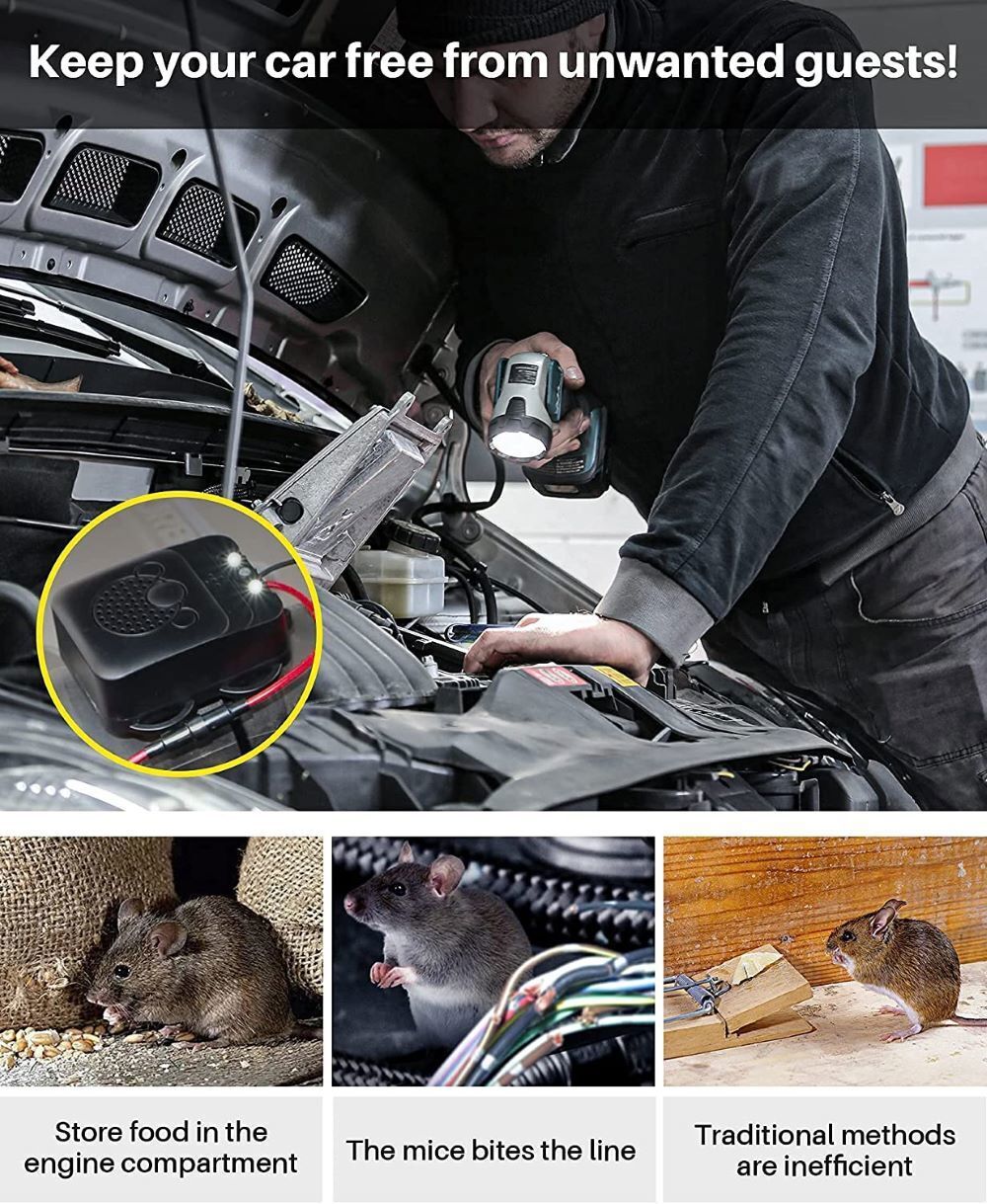 Under Hood Rodent Repeller, Professional Mouse Repellent, Ultrasonic 12V Car Pest Repeller Squirrels, Pack Rat Deterrent for Cars Trucks RV Engine Bay Warehouse Attic with Evictor Strobe Light 2 Pack