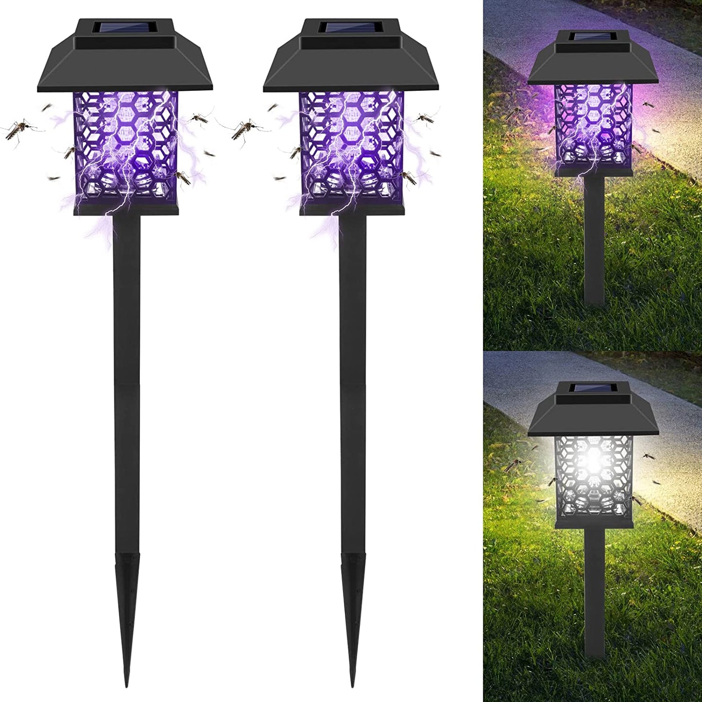 2 PCS Solar Bug Zapper Outdoor Solar Powered Mosquito Zapper Mosquito Lamp Fly Zapper Repellent Lighting Stake Landscape Fixture for Garden Patio Pathway Backyard Camping