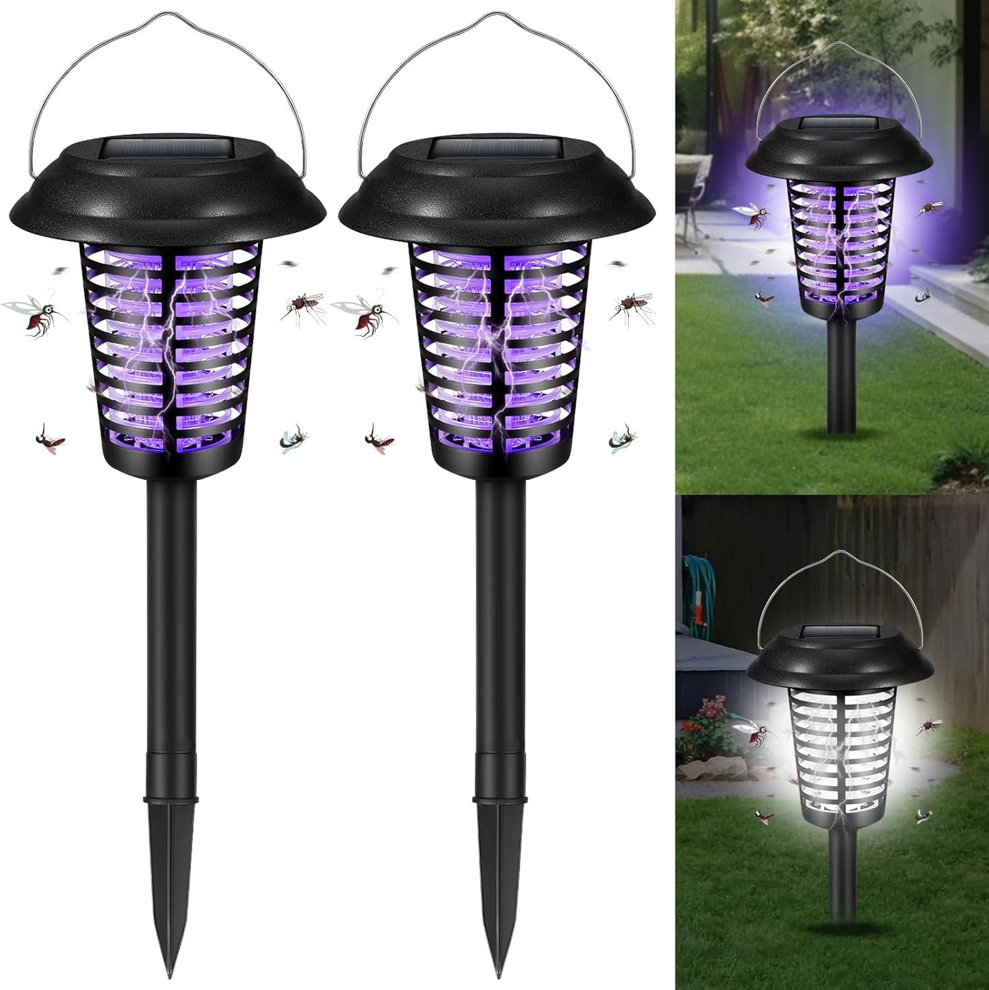 2-Pack Solar-Powered Bug Zapper Lamp for Outdoors - Mosquito & Fly Killer Stake Light Fixture Yard Garden Patio