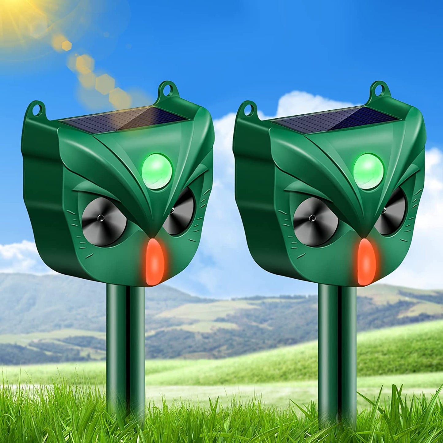 2 Pack Solar Ultrasonic Animal Repeller Outdoor Solar Animal Repellent with Motion Detector&Flashing Lights Waterproof for Rat, Squirrel, Deer, Raccoon, Skunk, Rabbit, Mole, Dog, Cat(Green)