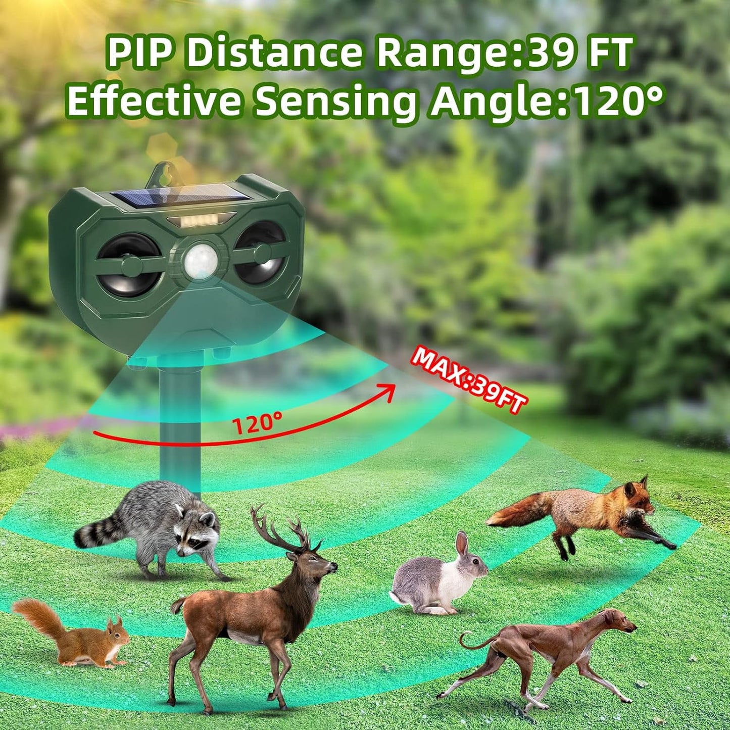 Ultrasonic Animal Repellent Outdoor, Solar Animal Repeller with Motion Sensor Flashing Light Waterproof Animal Deterrent Devices for Deer Raccoon Cat Squirrel Skunk Dog Rabbit Coyote