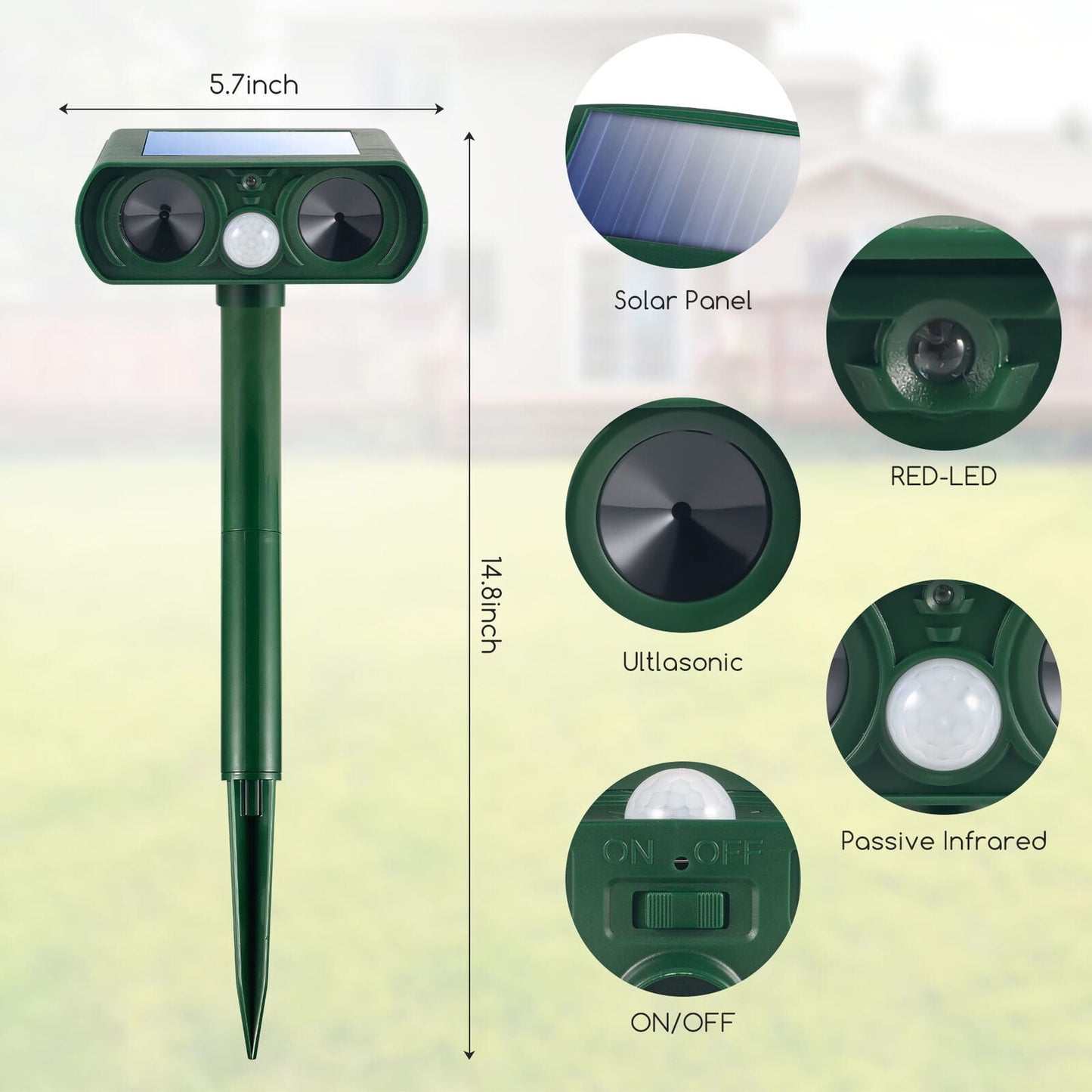 4 Pack Ultrasonic Deer Repellent Solar Animal Repeller Outdoor Waterproof with Motion Sensor Red Light Deterrent for Raccoon Rabbit Coyote Squirrel Deer Cat Dog Skunk Fox Etc