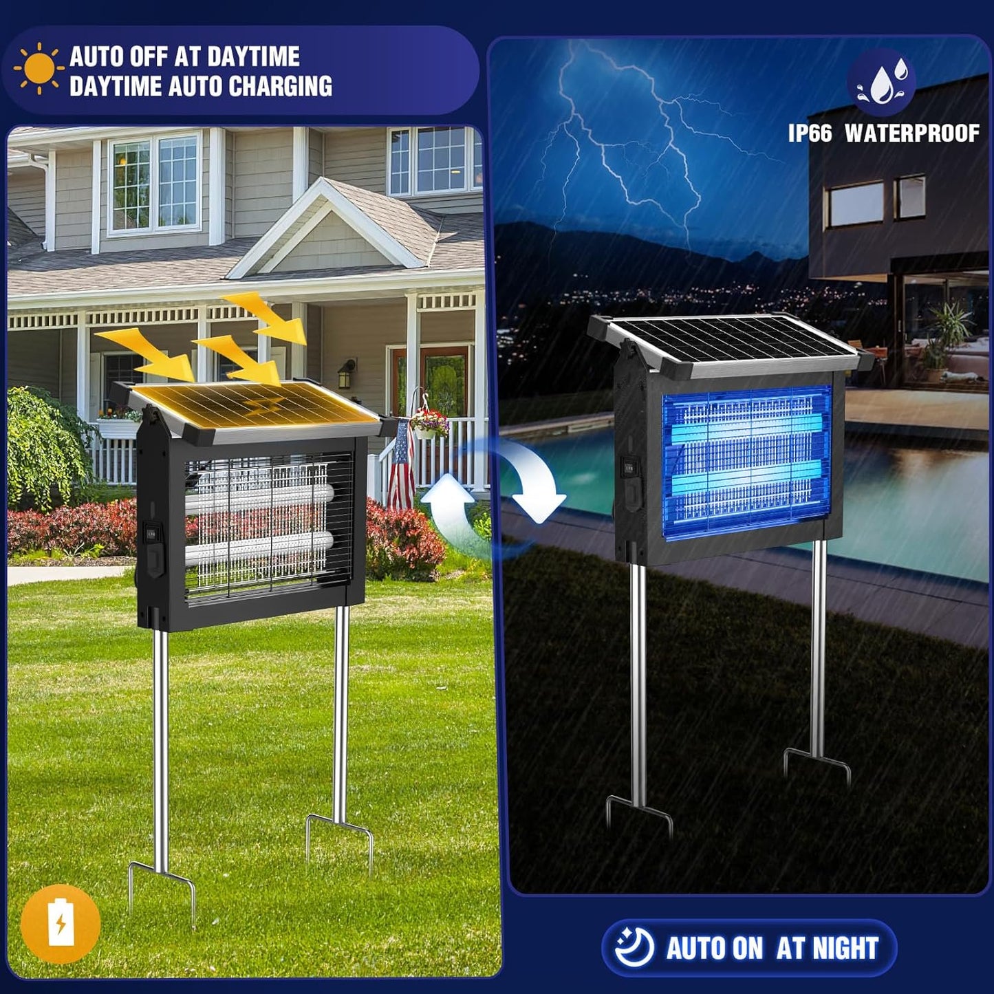 Mosquito Zapper, Solar Bug Zapper Outdoor, Rechargeable Electric Mosquito Killer with Grounding Bracket Fly Insect Mosquito Trap for Patio Garden