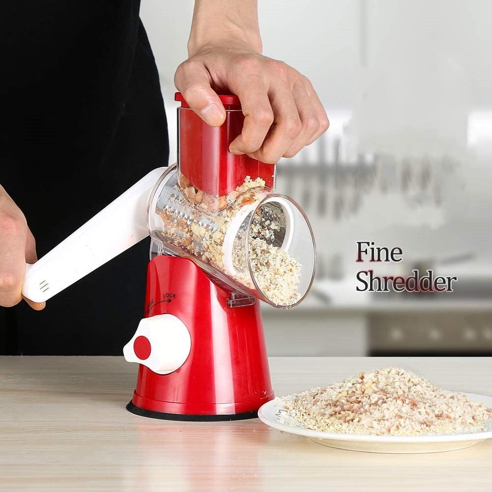 Rotary Cheese Grater Shredder Chopper Round Tumbling Box Mandoline Slicer Nut Grinder Vegetable Slicer, Hash Brown, Potato with Strong Suction Base