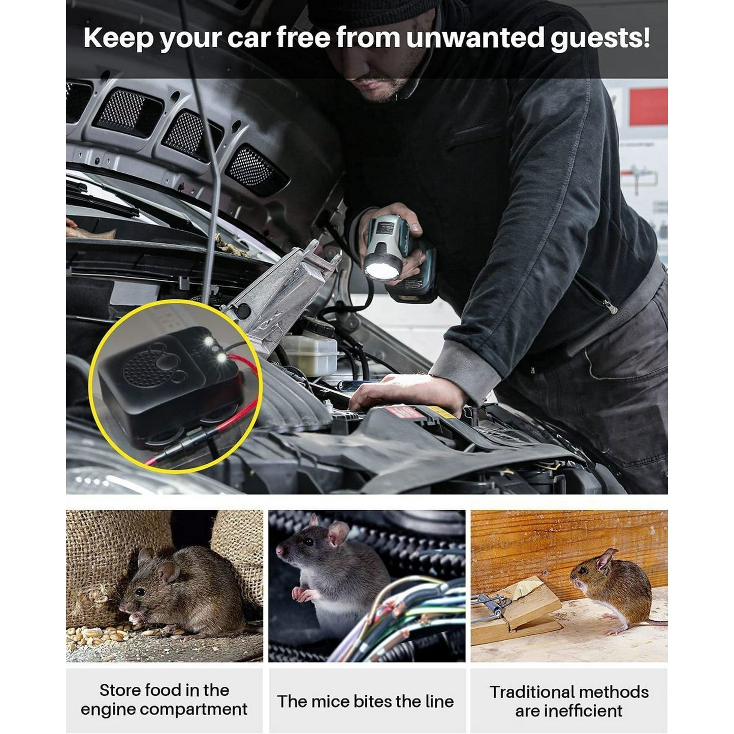 2 Pack Under Hood Rodent Repeller, Professional Mouse Repellent, Ultrasonic 12V Car Pest Repeller Squirrels, Pack Rat Deterrent for Cars Trucks RV Engine Bay Warehouse Attic