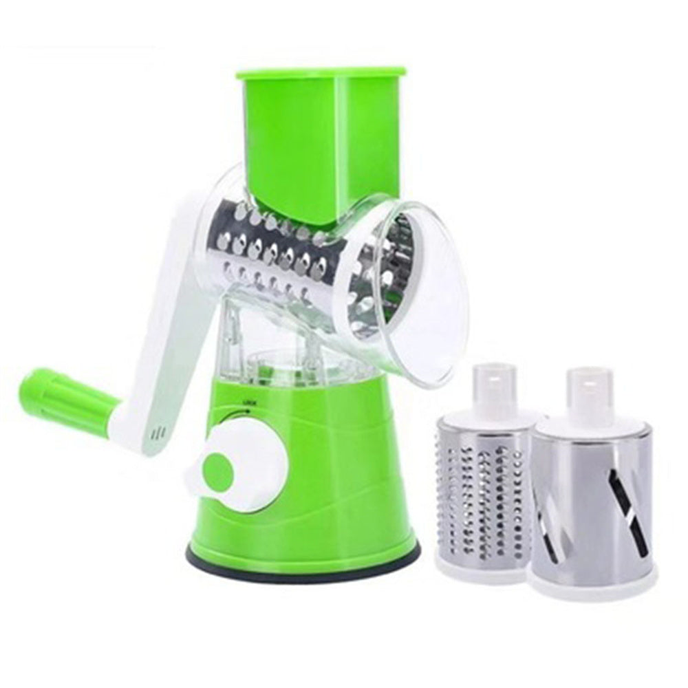 Rotary Cheese Grater Shredder Chopper Round Tumbling Box Mandoline Slicer Nut Grinder Vegetable Slicer, Hash Brown, Potato with Strong Suction Base (Green)