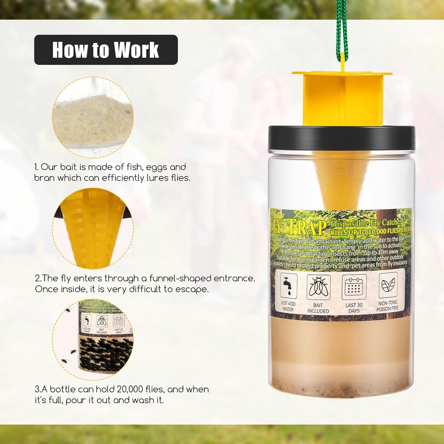 JahyElec Fly Traps Outdoor Hanging Fly Catchers with Bait Refill, Reusable Outdoor Fly Traps Safe Fly Repellent Outdoor Patio for Stables, Barns, Garbage Cans, Chicken Coops