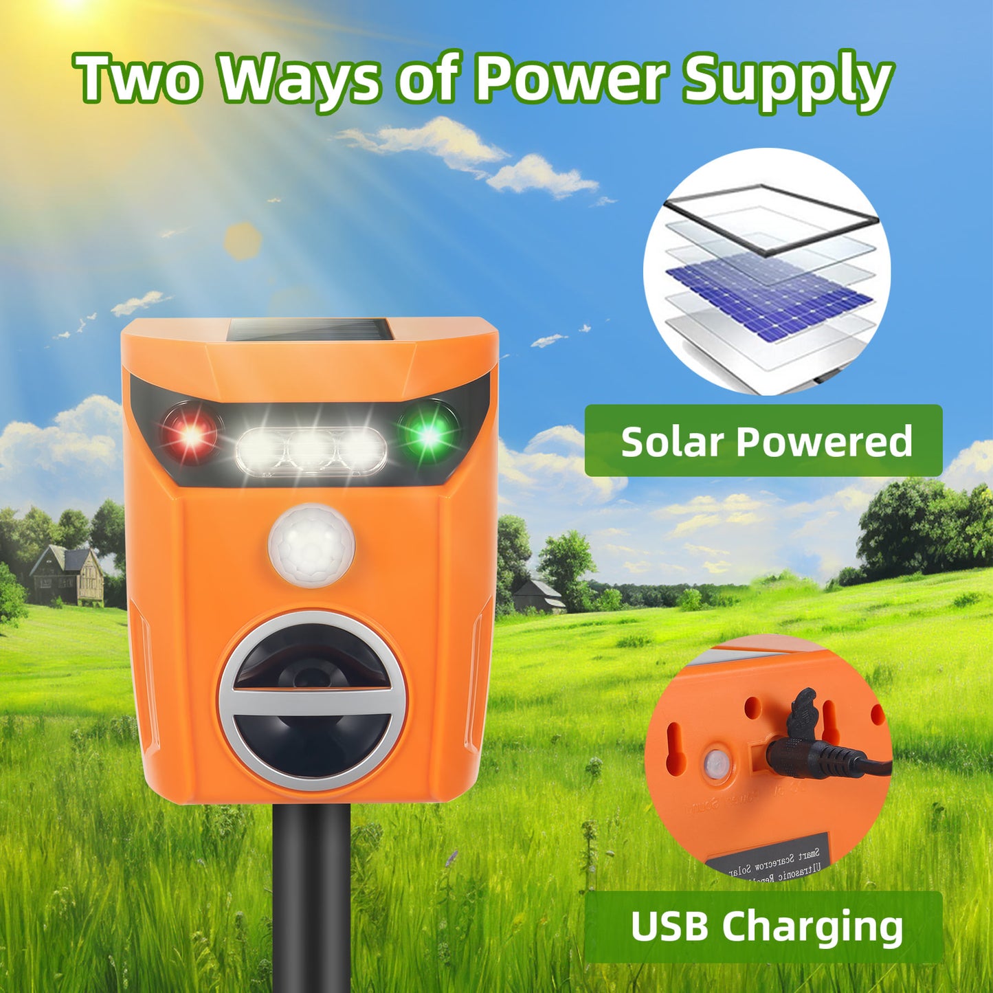 Solar Ultrasonic Animal Repeller in Orange - Eco-friendly Pest Deterrent for Outdoor Spaces