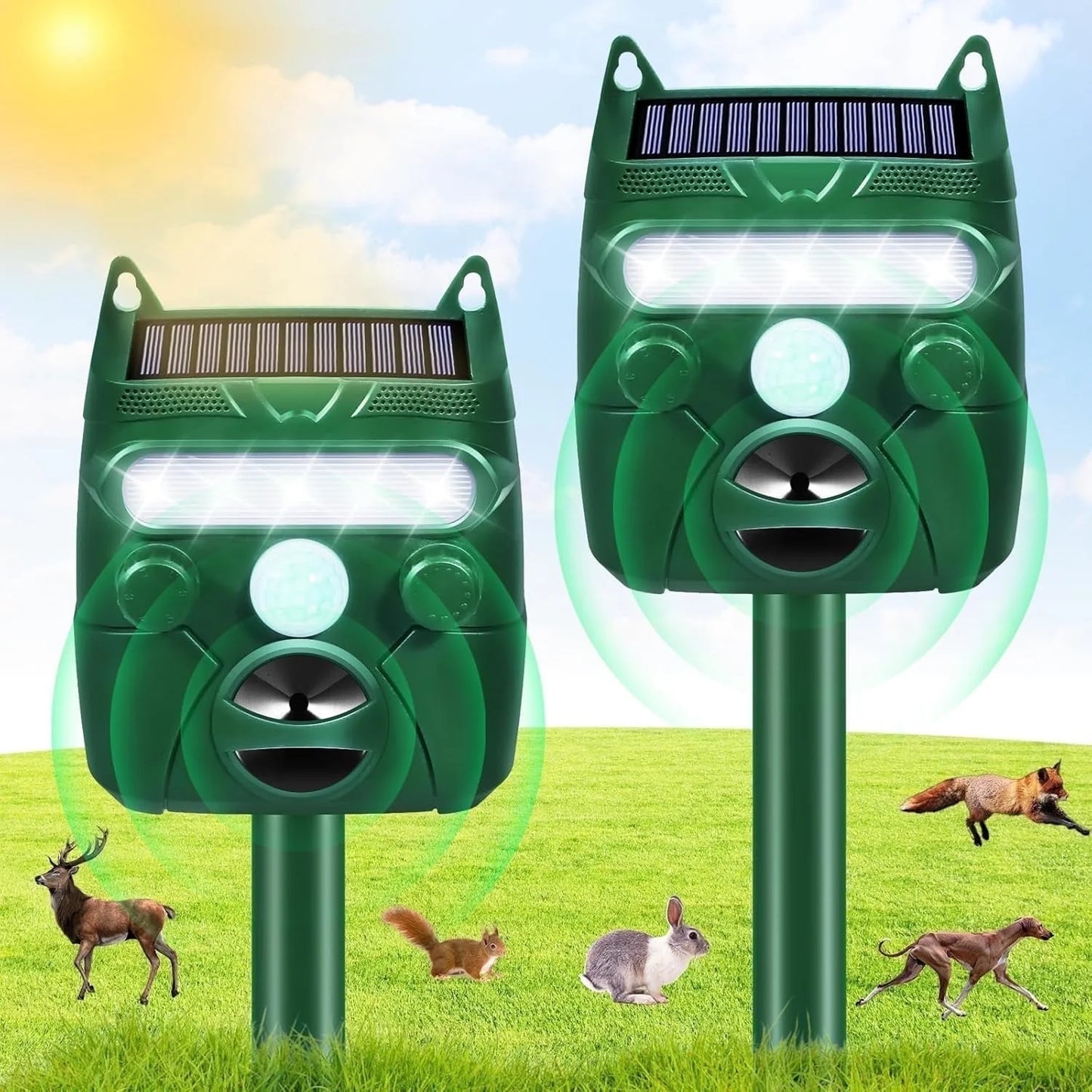 Solar Ultrasonic Animal Repeller.Cat Repellent Outdoor. Motion Activated and Blinking LED Light Siren Mosquito Repellent for Deer, Bird, Cat ,Dog,Raccoon, Skunk, Squirrel, Rabbit, etc Green
