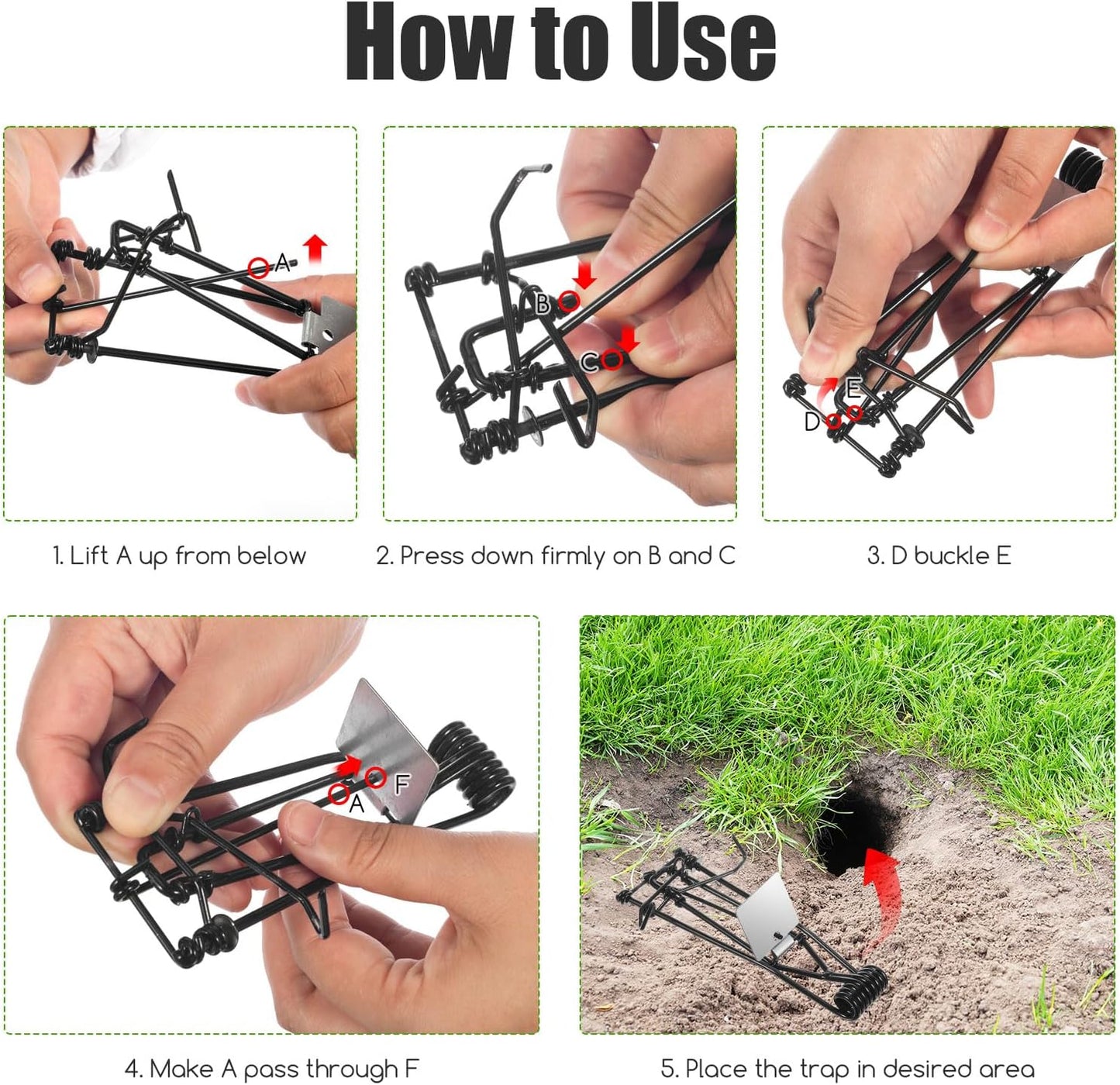 Outdoor Mole Traps 8-Pack Reusable Gopher and Mole Trap Set Metal Lawn Garden Vole Trap - Black