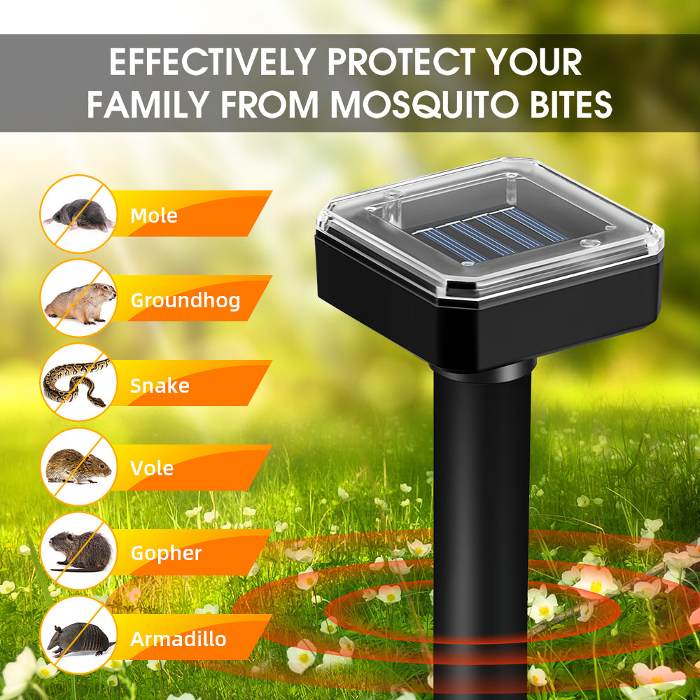 Mole Repellent Solar Powered 4 Pack,Vole Gopher Repellent Outdoor Ultrasonic Solar Powered Groundhog Deterrent Snakes Pest Rodent Sonic Vibration Stake for Lawn, Garden, Yard Mice Repellent