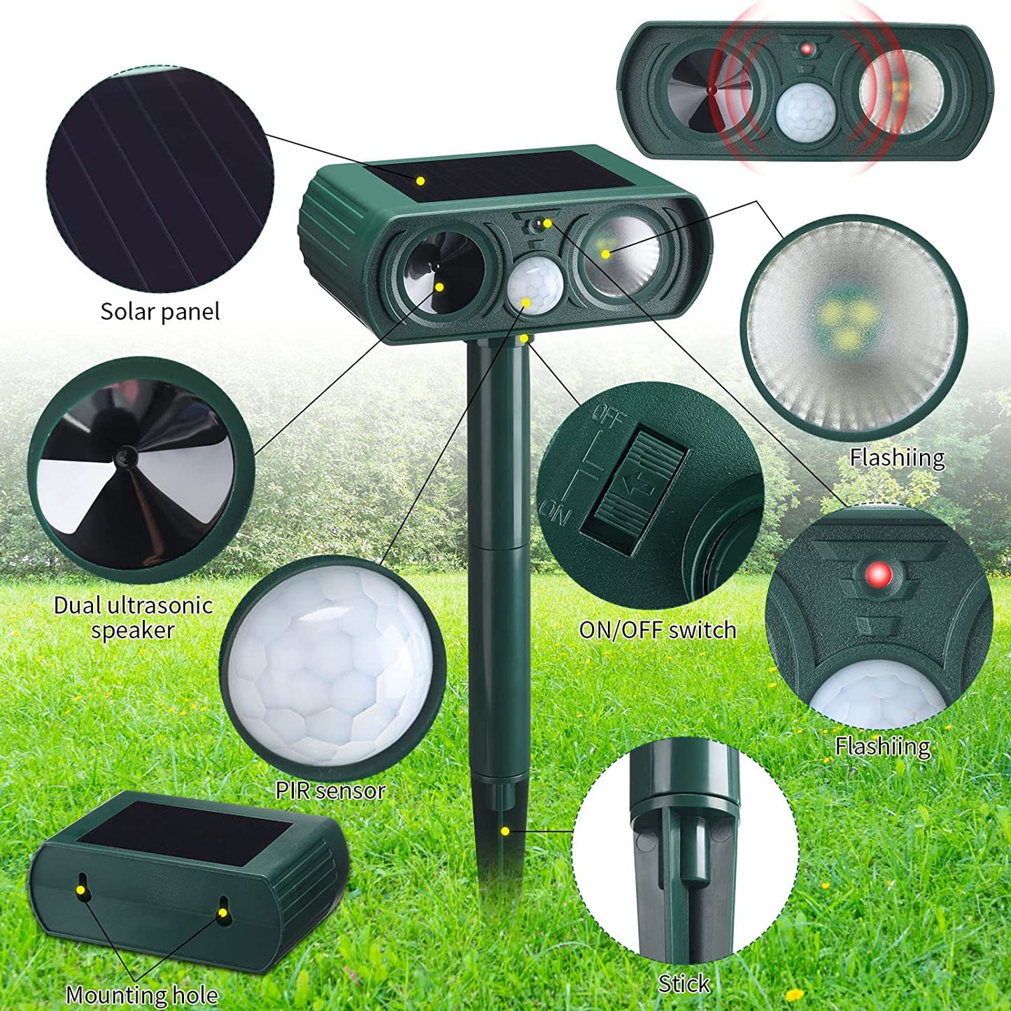 2 Pack Upgraded Ultrasonic Animal Repellent Outdoor Solar Animal Repeller Waterproof with PIR Sensor & Strobe Flashing Lights Pest Repeller Animal Deterrent to Keep Deer Cat Dog Raccoon Mouse Fox Away