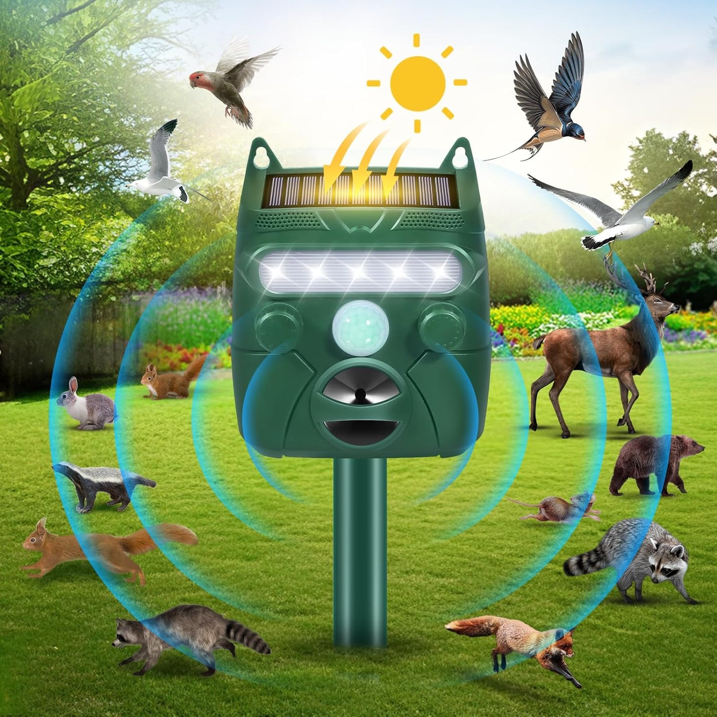 Solar Ultrasonic Animal Repeller.Cat Repellent Outdoor. Motion Activated and Blinking LED Light Siren Mosquito Repellent for Deer, Bird, Cat ,Dog,Raccoon, Skunk, Squirrel, Rabbit, etc Green